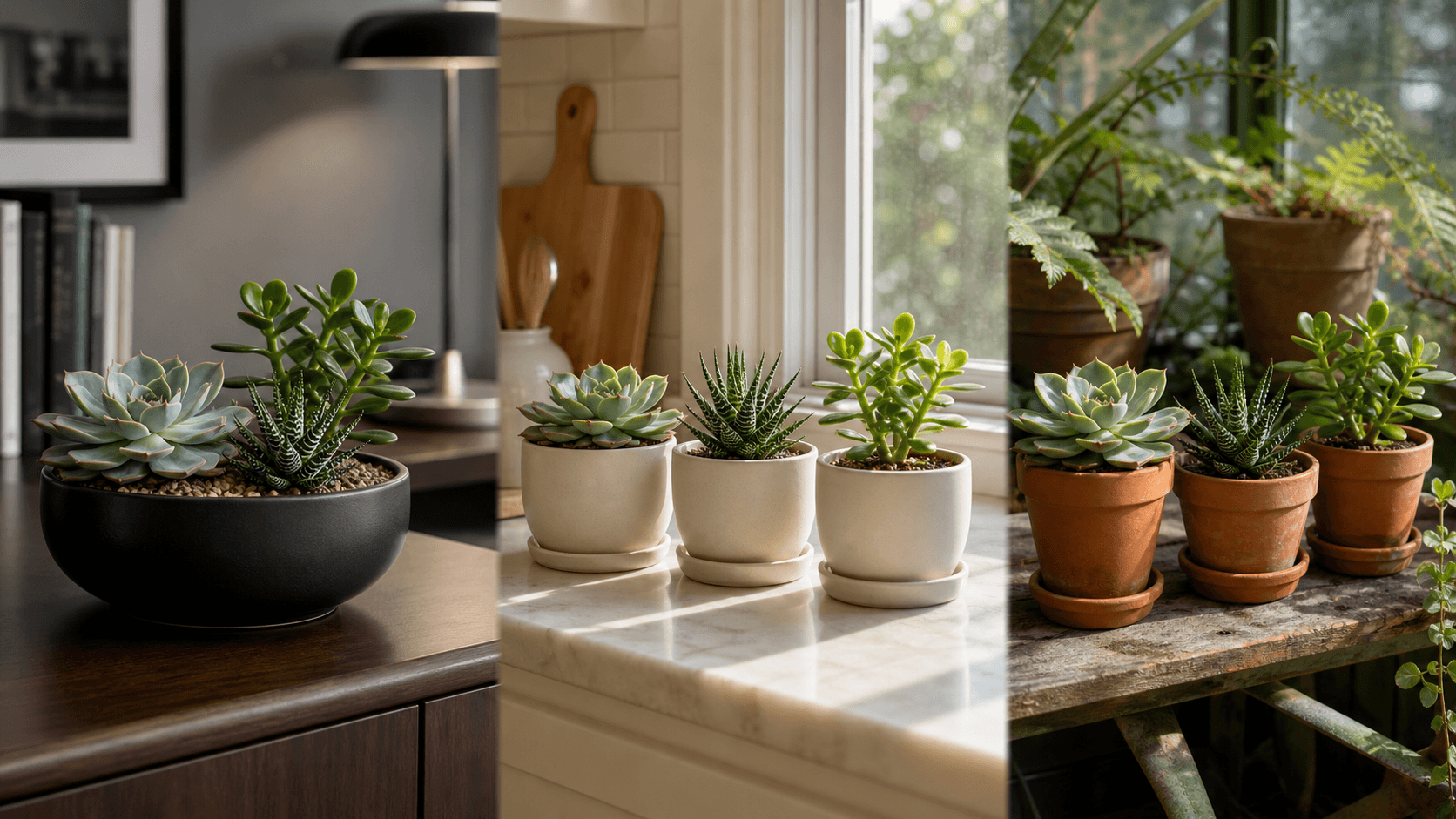 Assorted Succulents shown in three settings: Bright executive office, Modern living room, Sheltered patio