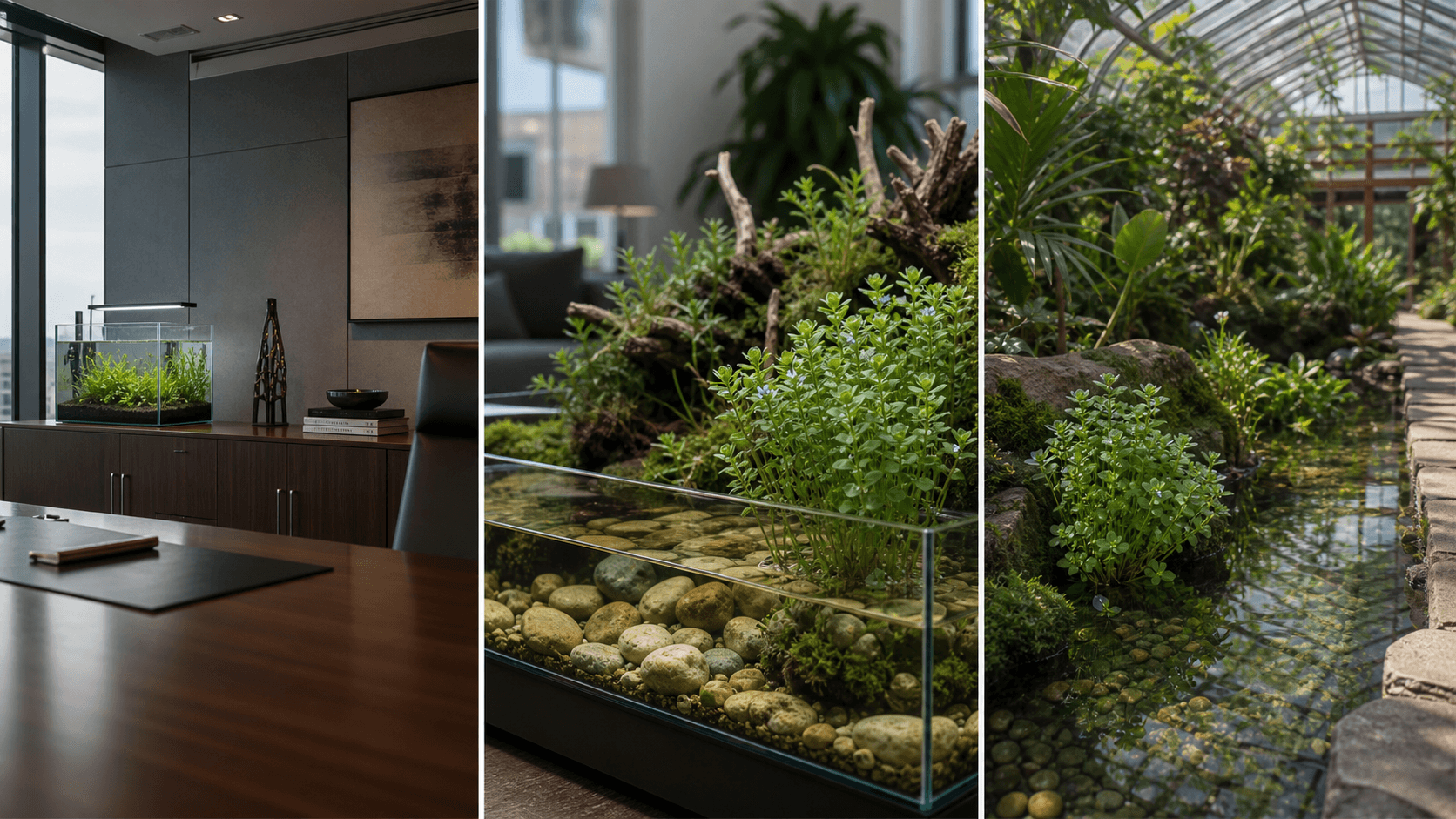 Caroliniana water hyssop shown in three settings: Designer aquarium, Architectural water feature, Conservatory pond