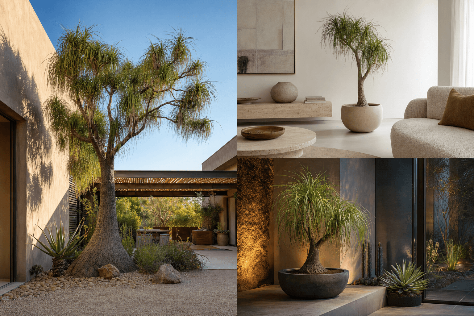 Ponytail Palm shown in three settings: Executive office, Refined living room, Bright conservatory