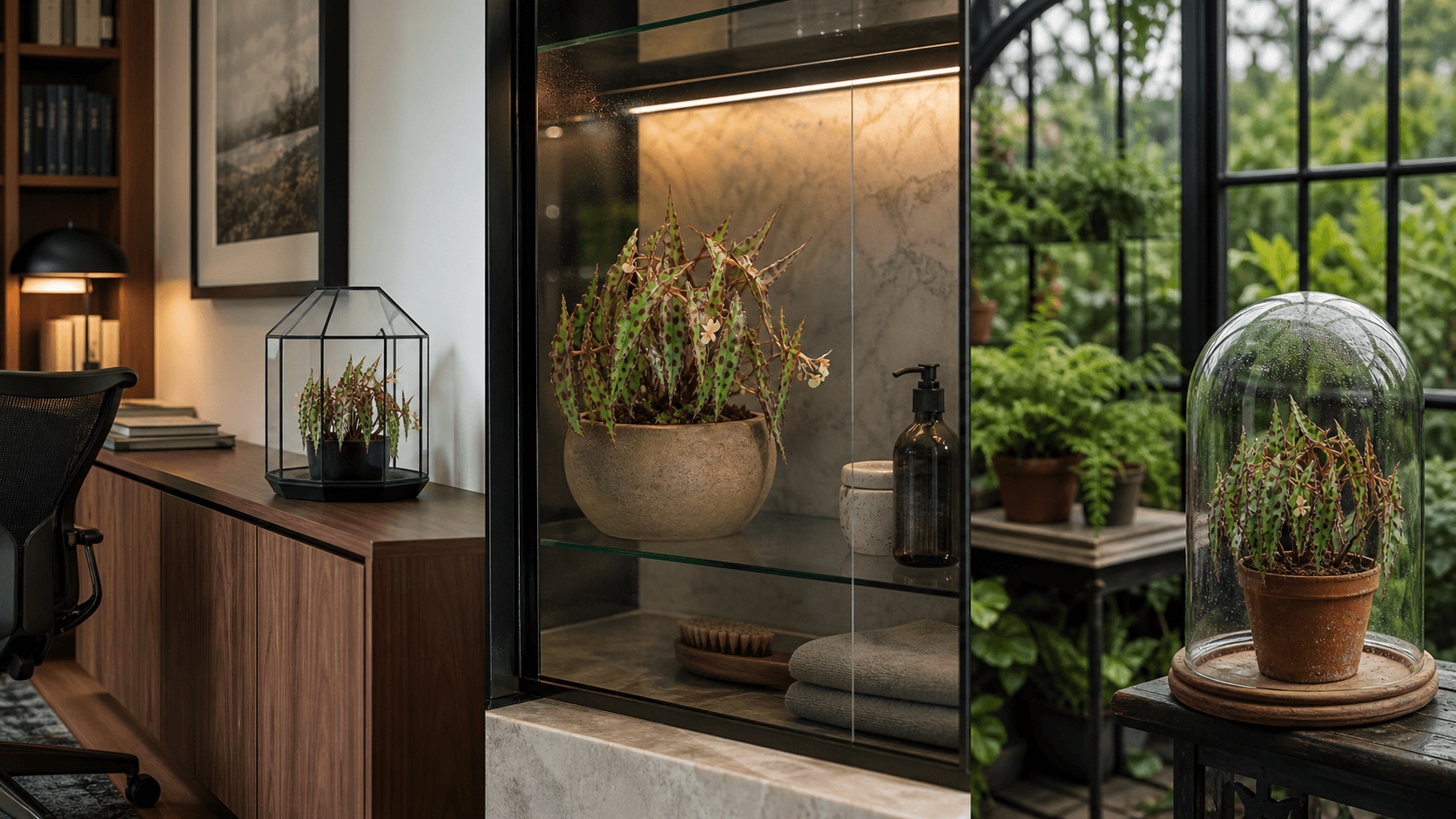 Amphioxus begonia shown in three settings: Executive office, Refined living room, Bright conservatory