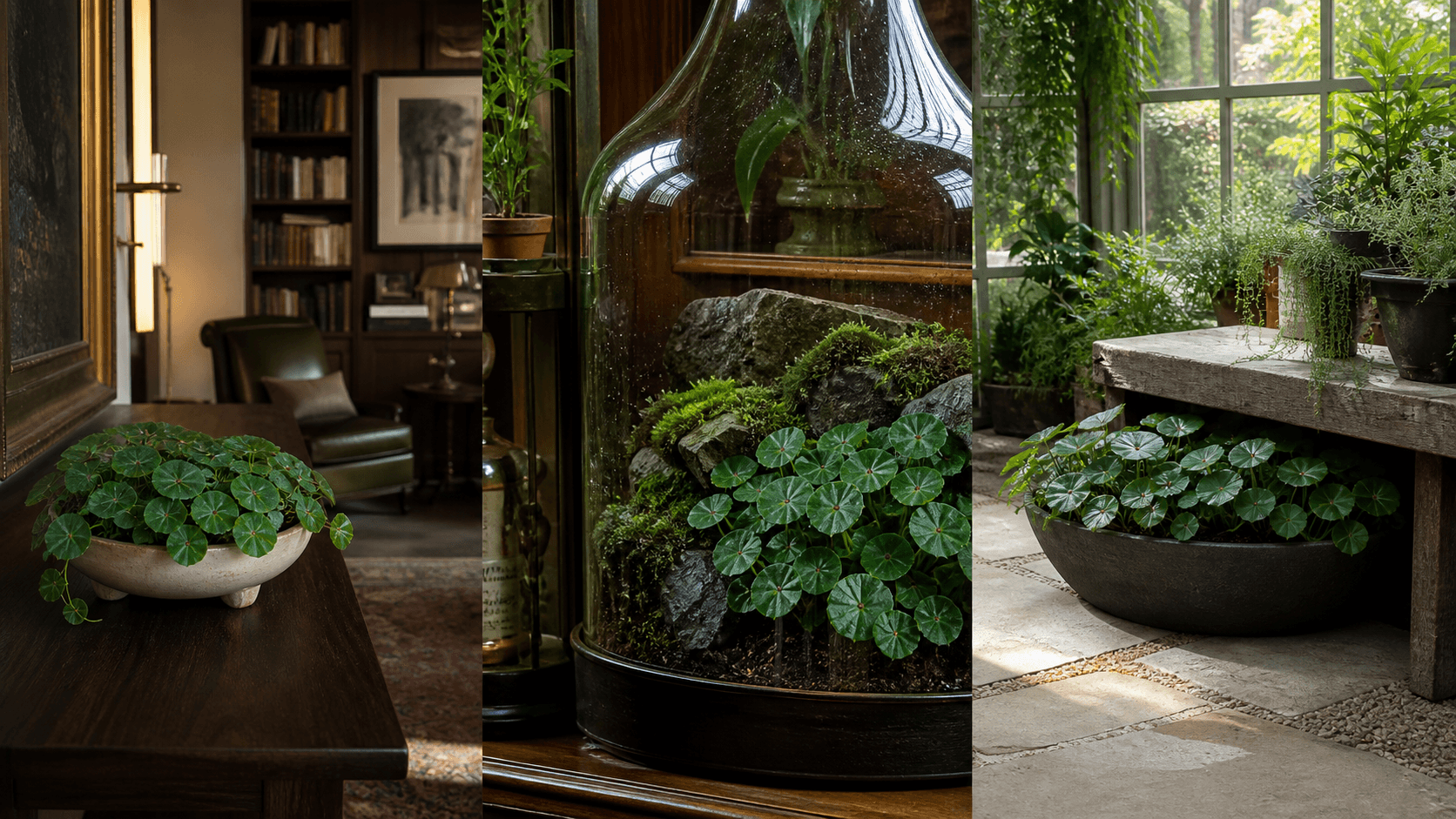 Conchifolia begonia shown in three settings: Executive office, Refined living room, Bright conservatory