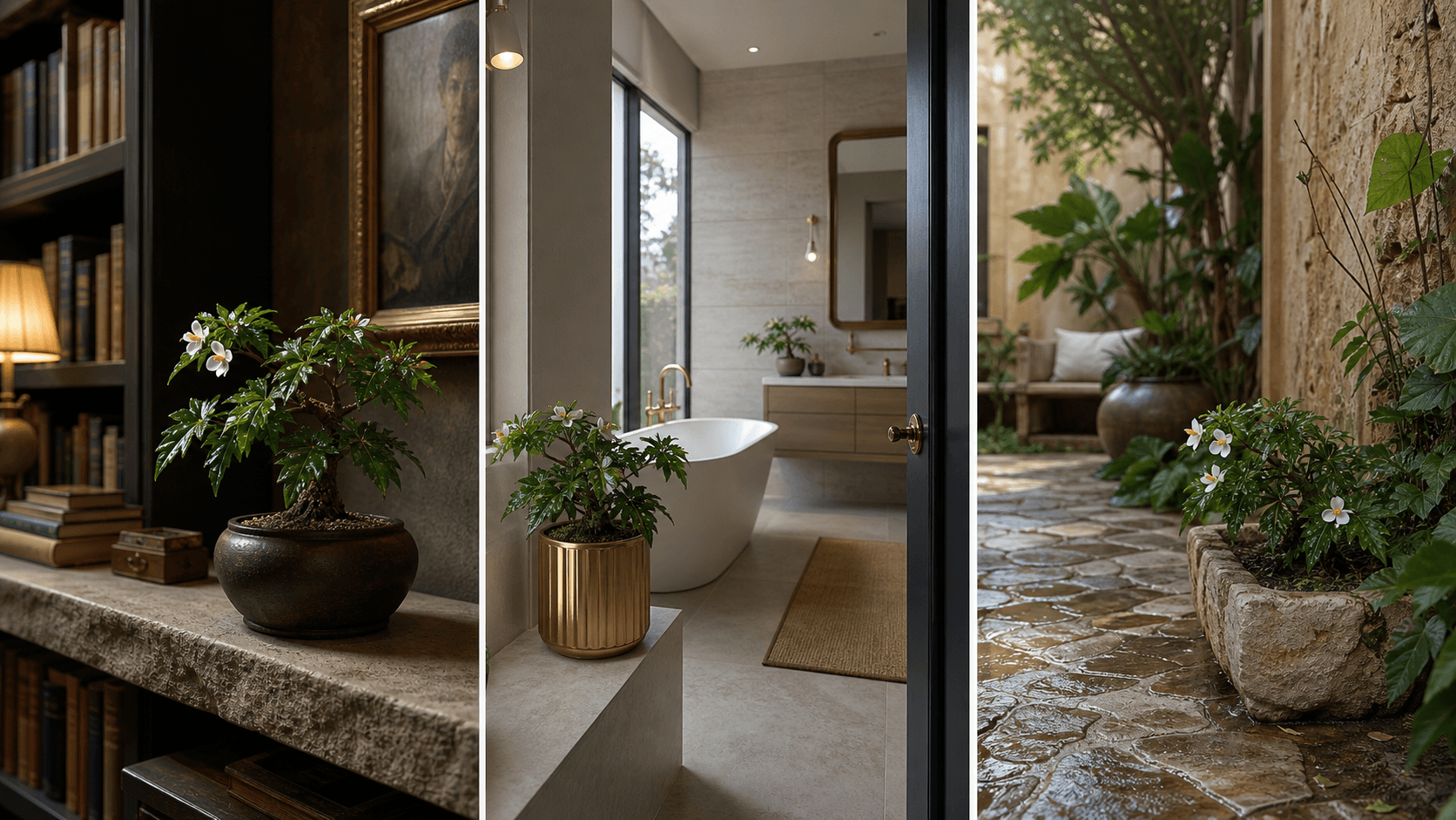 Dregei begonia shown in three settings: Executive office, Refined living room, Bright conservatory