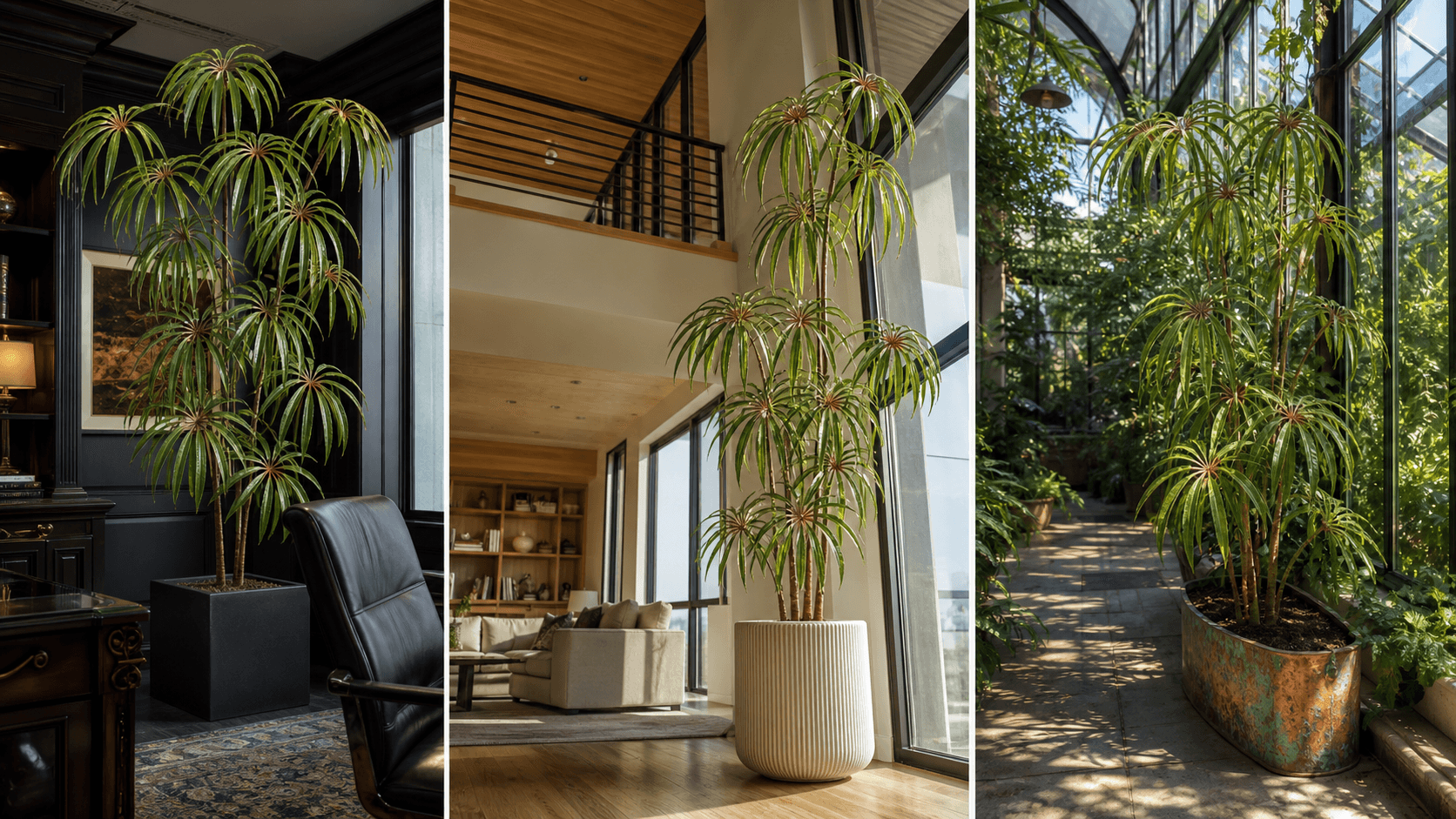 Luxurians begonia shown in three settings: Executive office, Refined living room, Bright conservatory