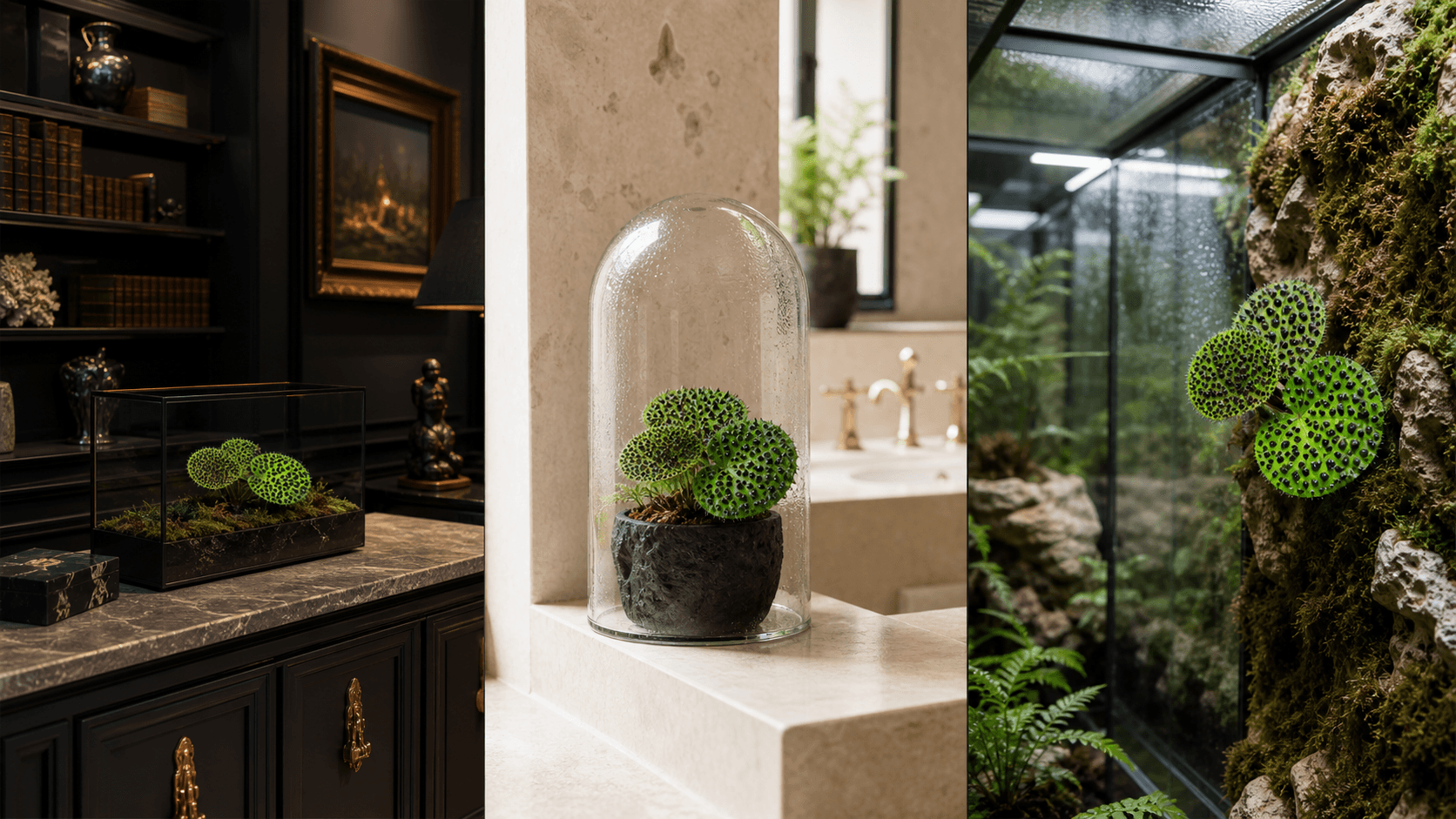 Melanobullata begonia shown in three settings: Executive office, Refined living room, Bright conservatory
