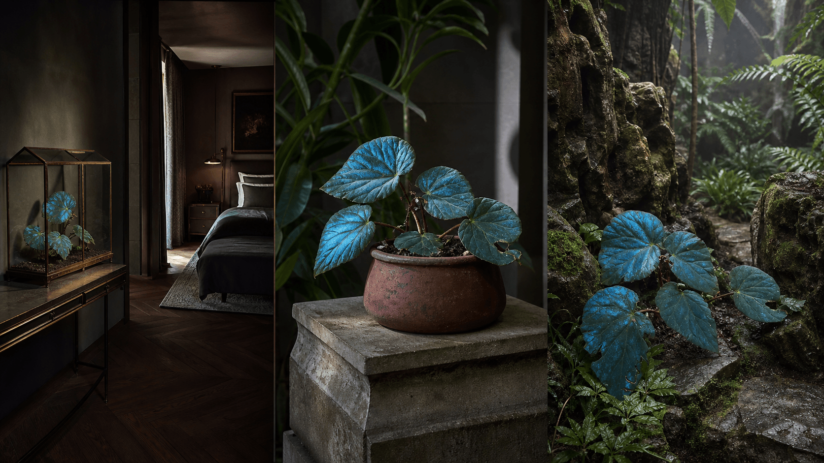 Pavonina begonia shown in three settings: Executive office, Refined living room, Bright conservatory