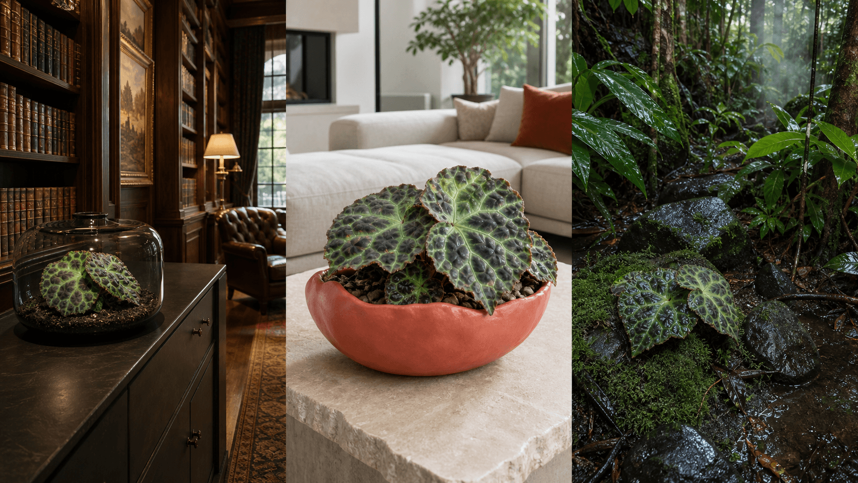 Rajah begonia shown in three settings: Executive office, Refined living room, Bright conservatory
