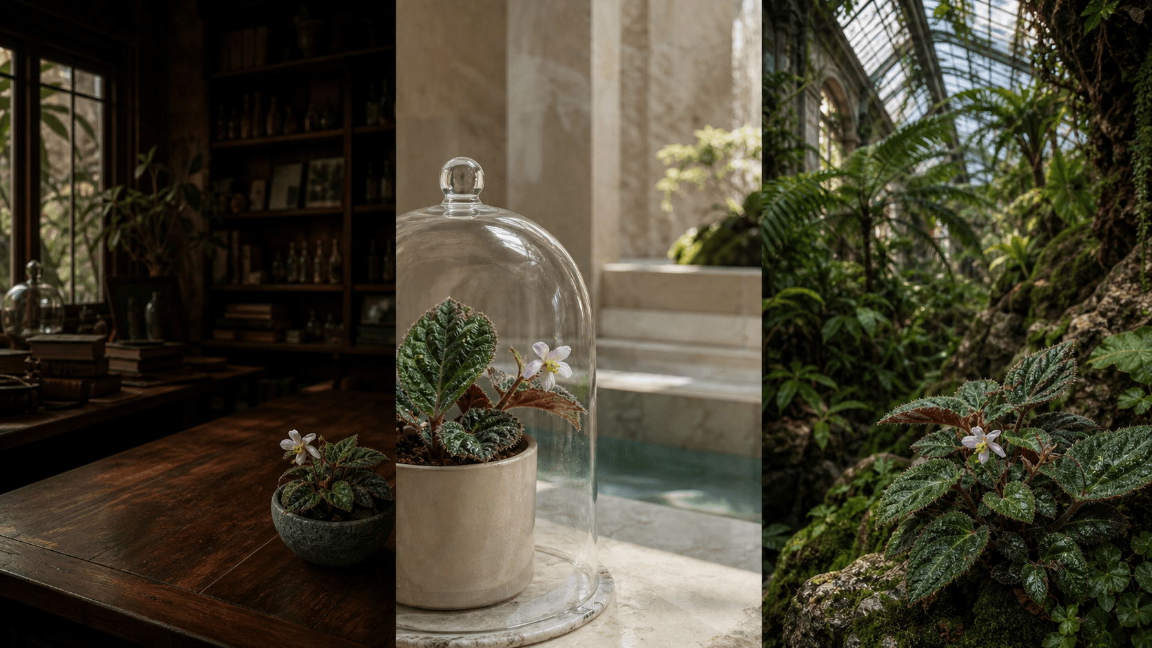 Sizemoreae begonia shown in three settings: Executive office, Refined living room, Bright conservatory