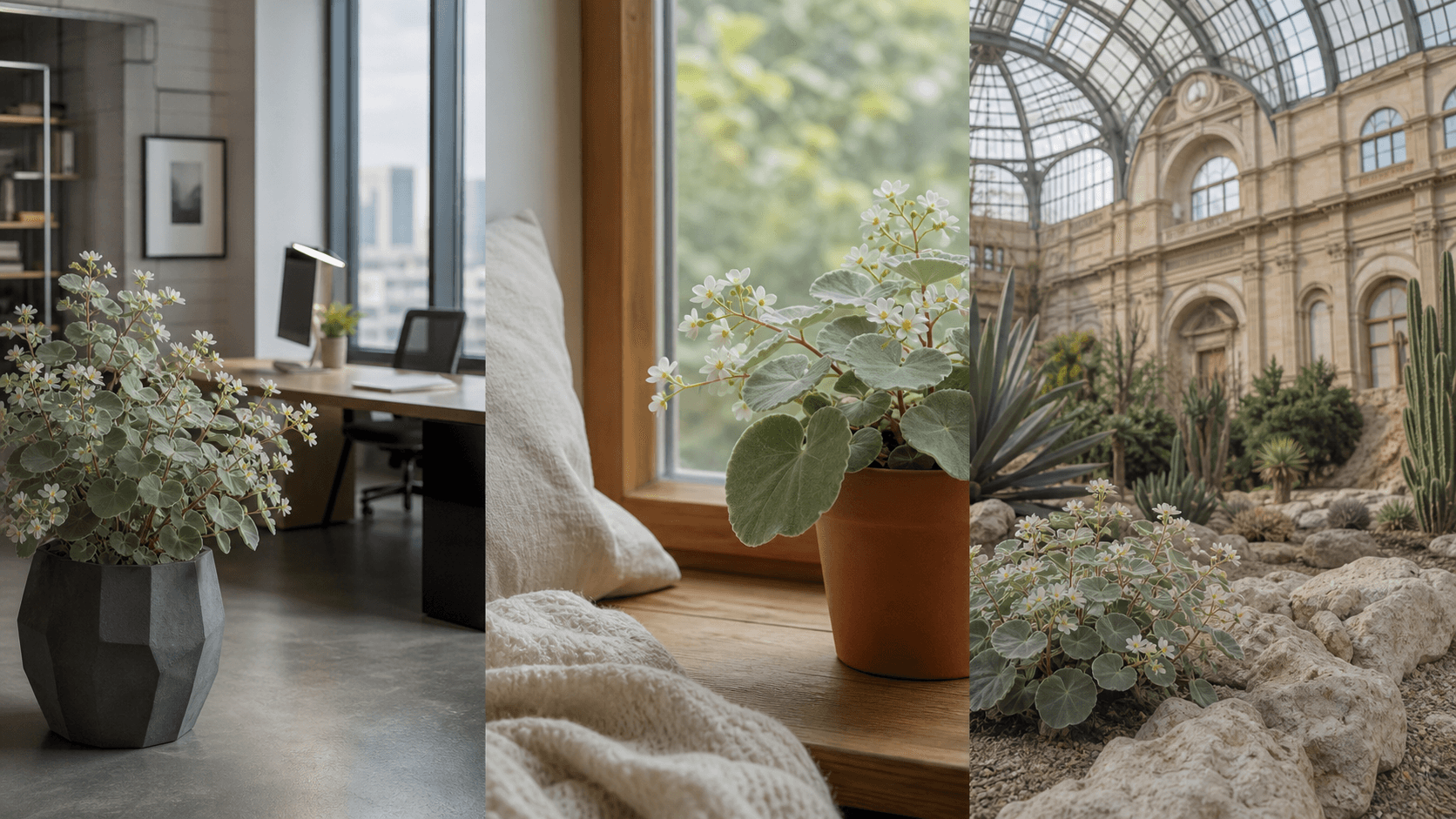 Venosa begonia shown in three settings: Executive office, Refined living room, Bright conservatory