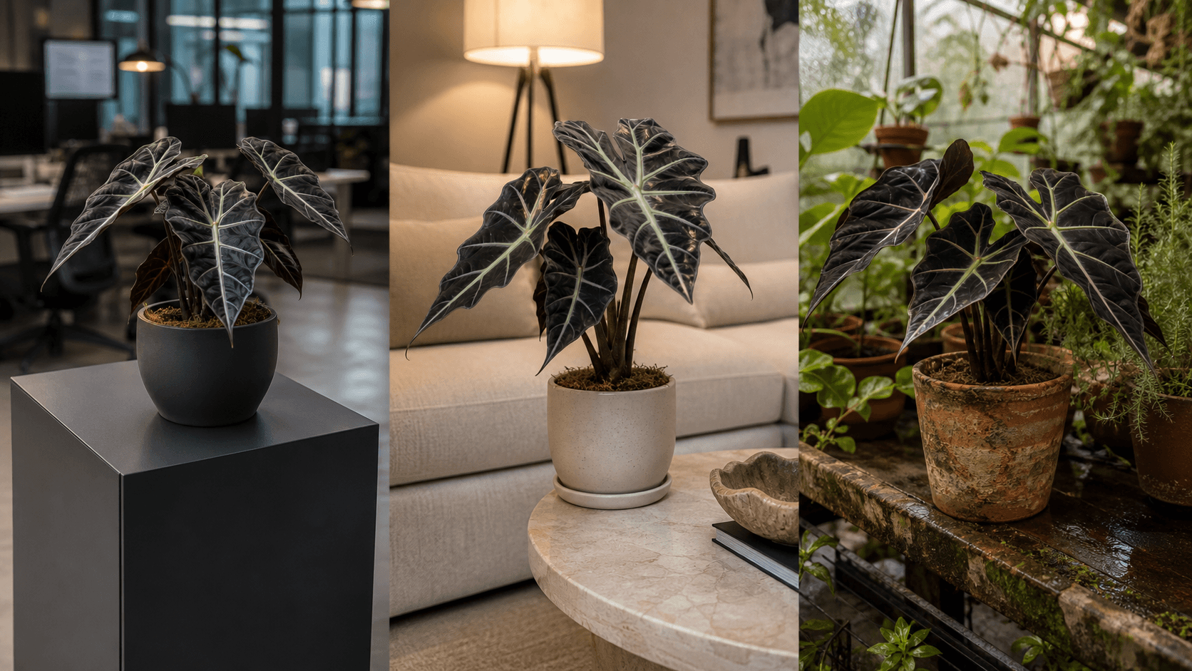 Black Amy Alocasia shown in three settings: Executive office, Refined living room, Bright conservatory