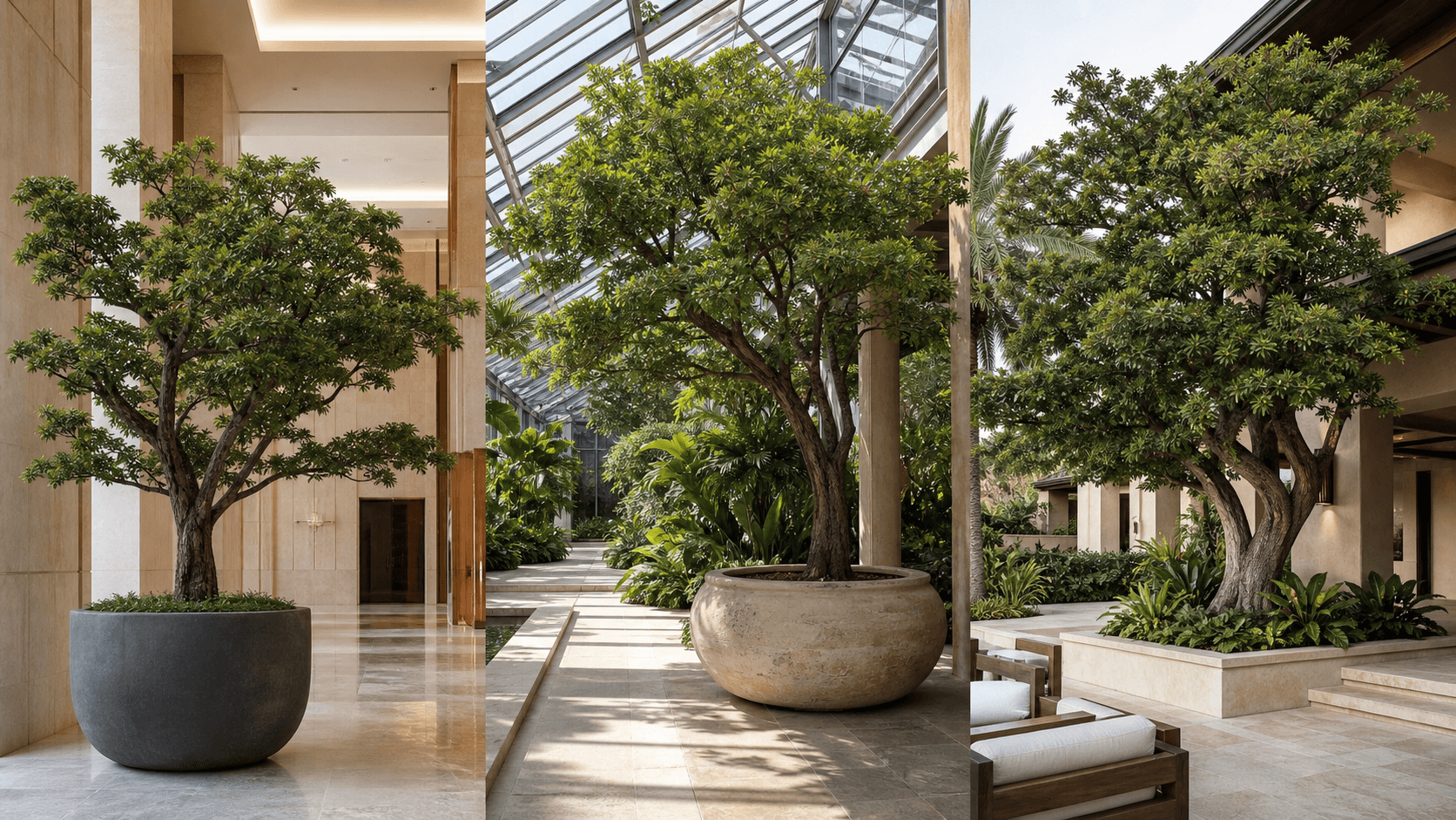 Black Olive / Shady Lady shown in three settings: Executive office, Refined living room, Bright conservatory