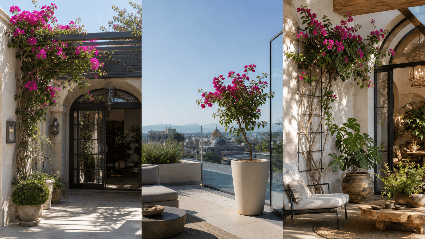 Glabra paperflower shown in three settings: Living room trellis, Architectural entryway support, Conservatory wall