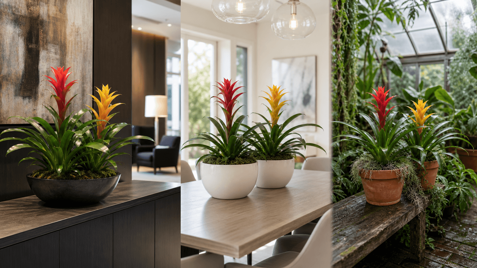 Bromeliads shown in three settings: Refined living room, Bright architectural entryway, Sheltered patio