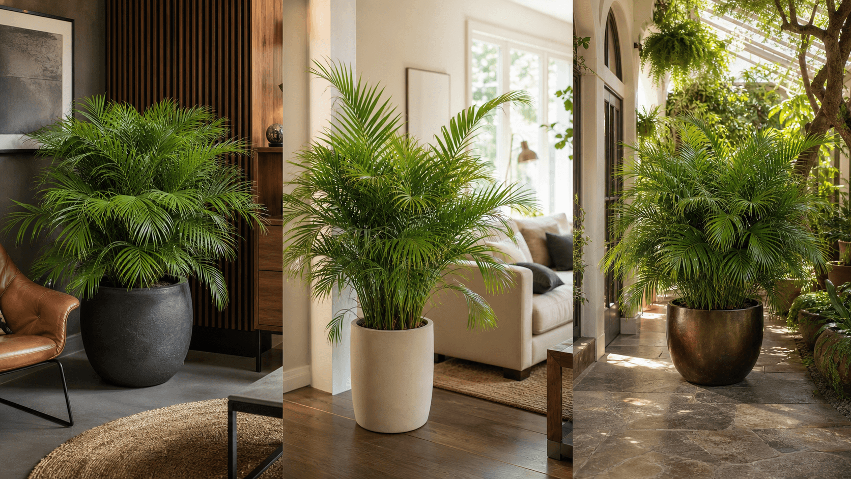 Cat Palm shown in three settings: Executive office, Refined living room, Bright conservatory