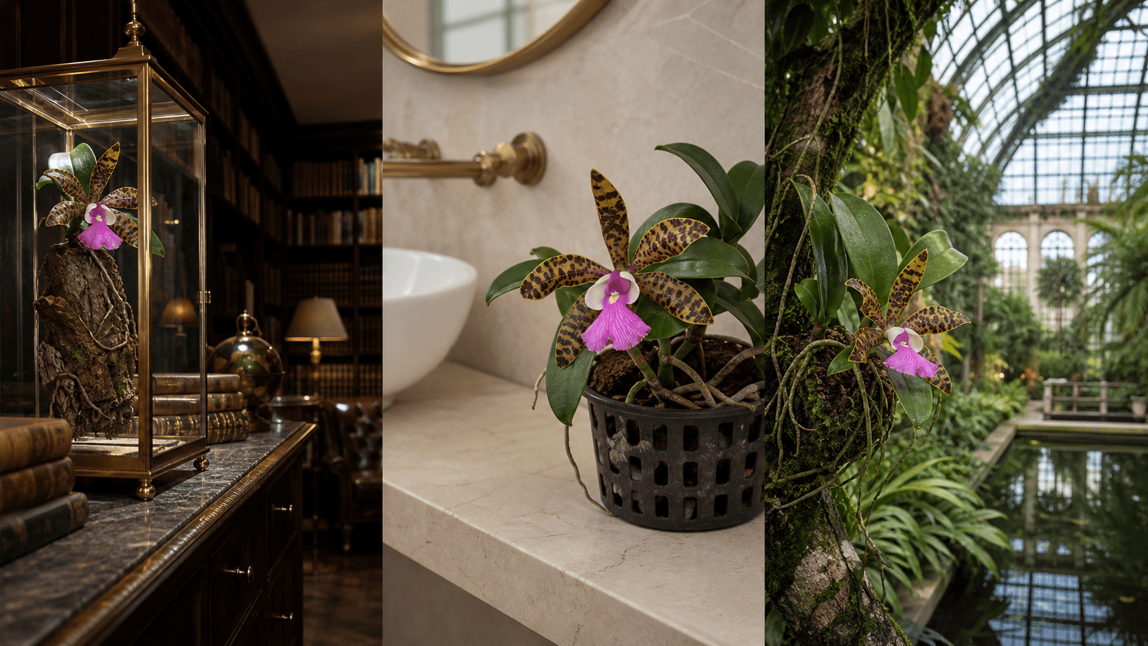 Aclandiae cattleya orchid shown in three settings: Refined living room, Bright architectural entryway, Sheltered patio