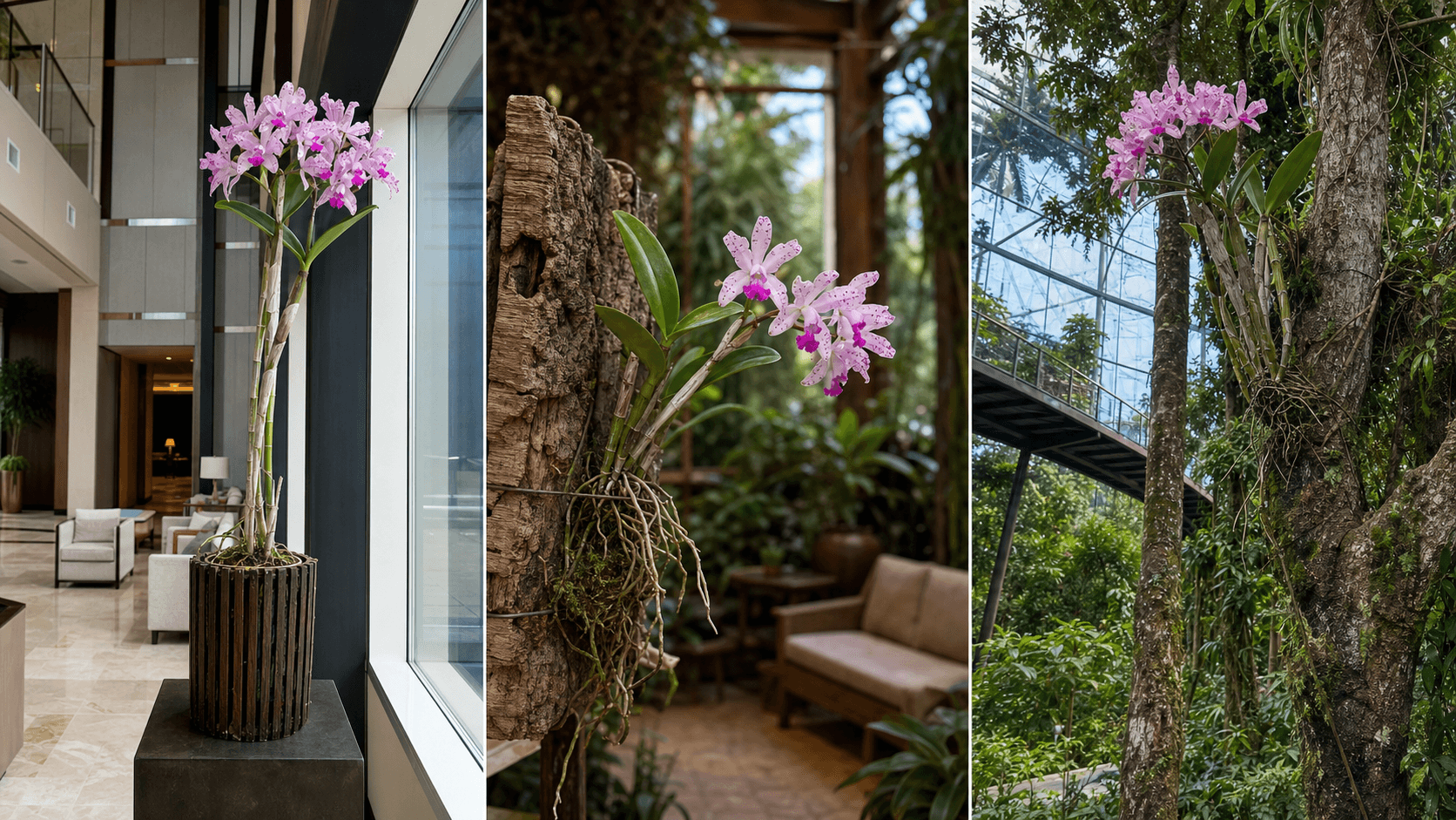 Amethystoglossa cattleya orchid shown in three settings: Refined living room, Bright architectural entryway, Sheltered patio