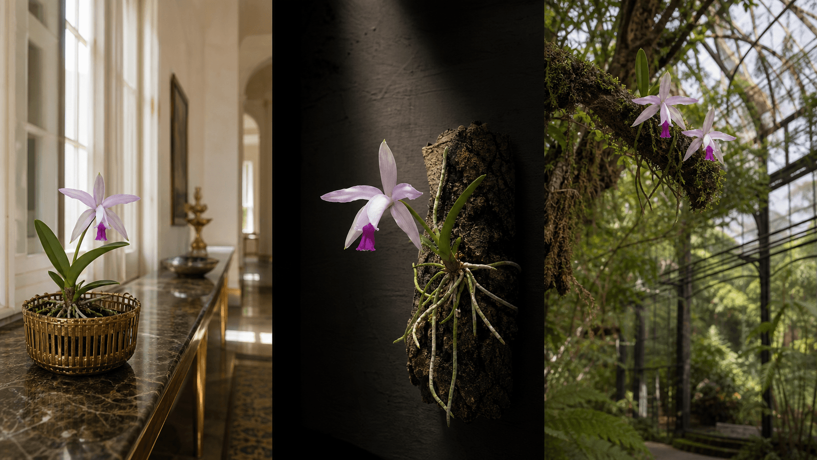 Intermedia cattleya orchid shown in three settings: Refined living room, Bright architectural entryway, Sheltered patio