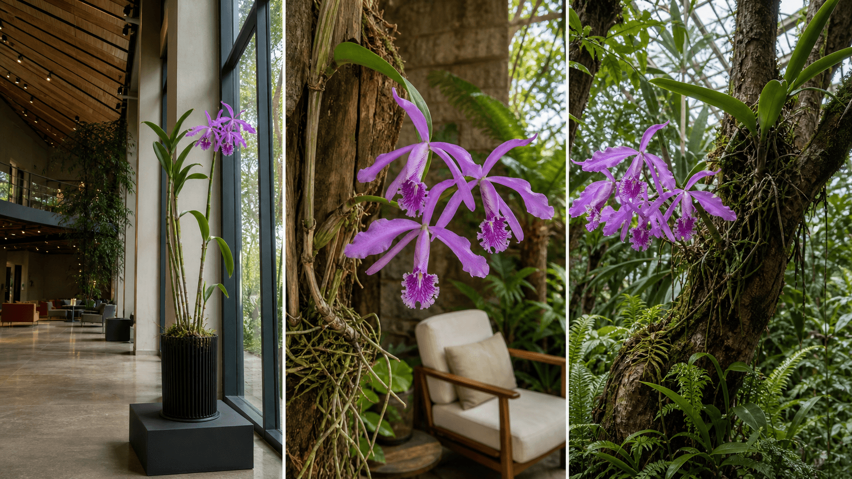 Maxima cattleya orchid shown in three settings: Refined living room, Bright architectural entryway, Sheltered patio