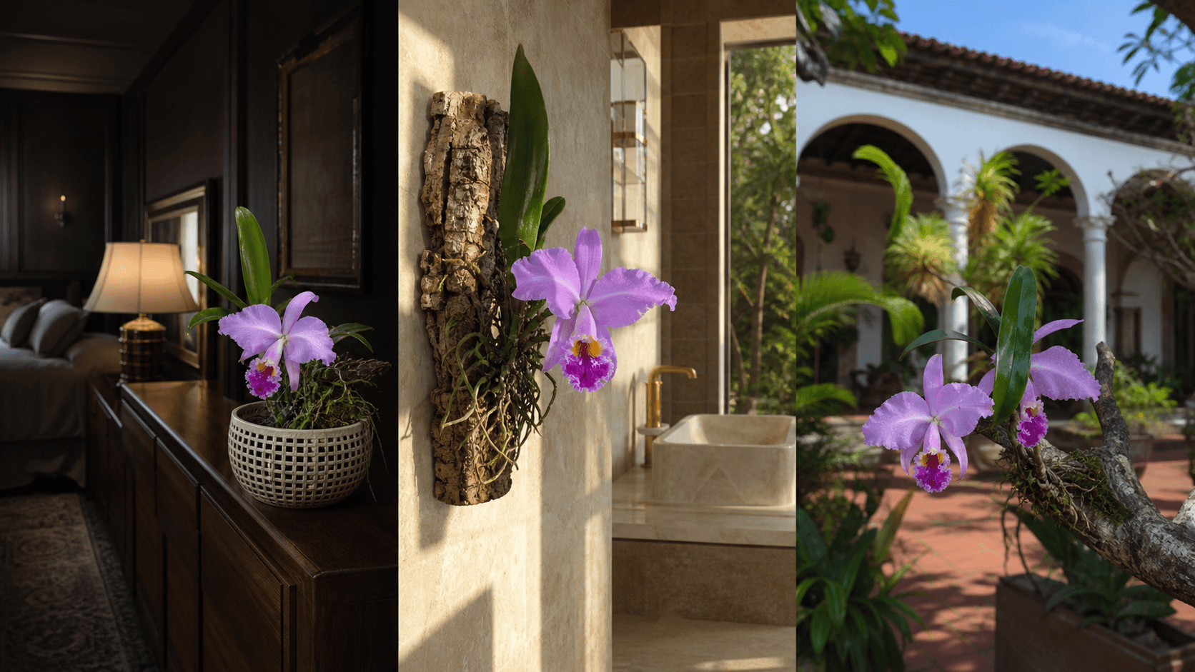 Mossiae cattleya orchid shown in three settings: Refined living room, Bright architectural entryway, Sheltered patio