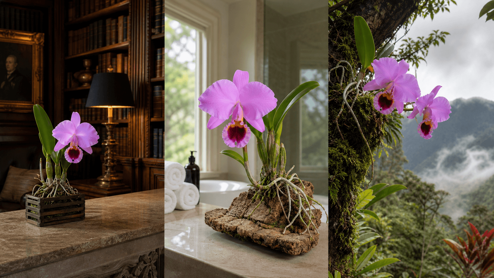 Percivaliana cattleya orchid shown in three settings: Refined living room, Bright architectural entryway, Sheltered patio