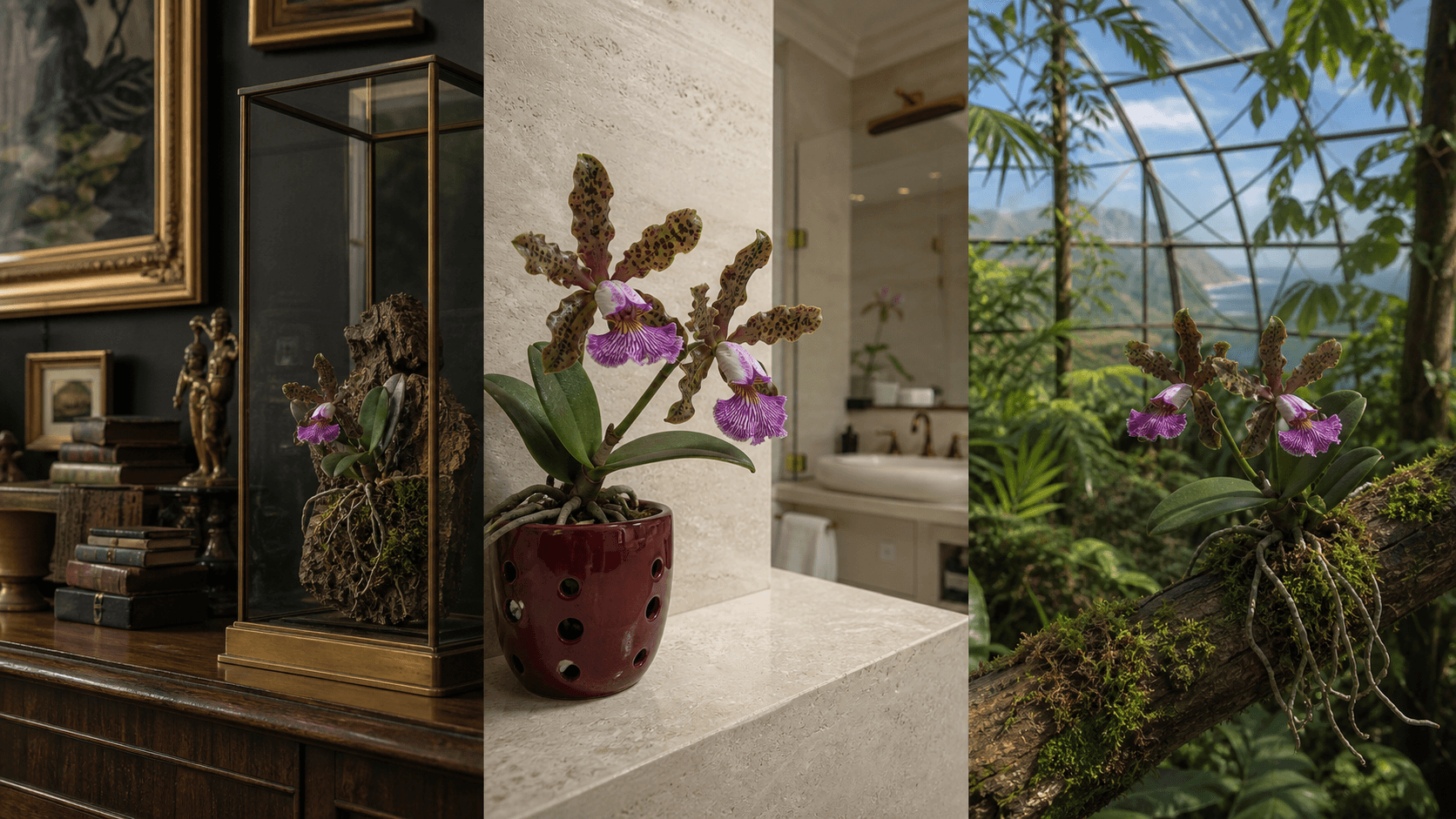 Schilleriana cattleya orchid shown in three settings: Refined living room, Bright architectural entryway, Sheltered patio