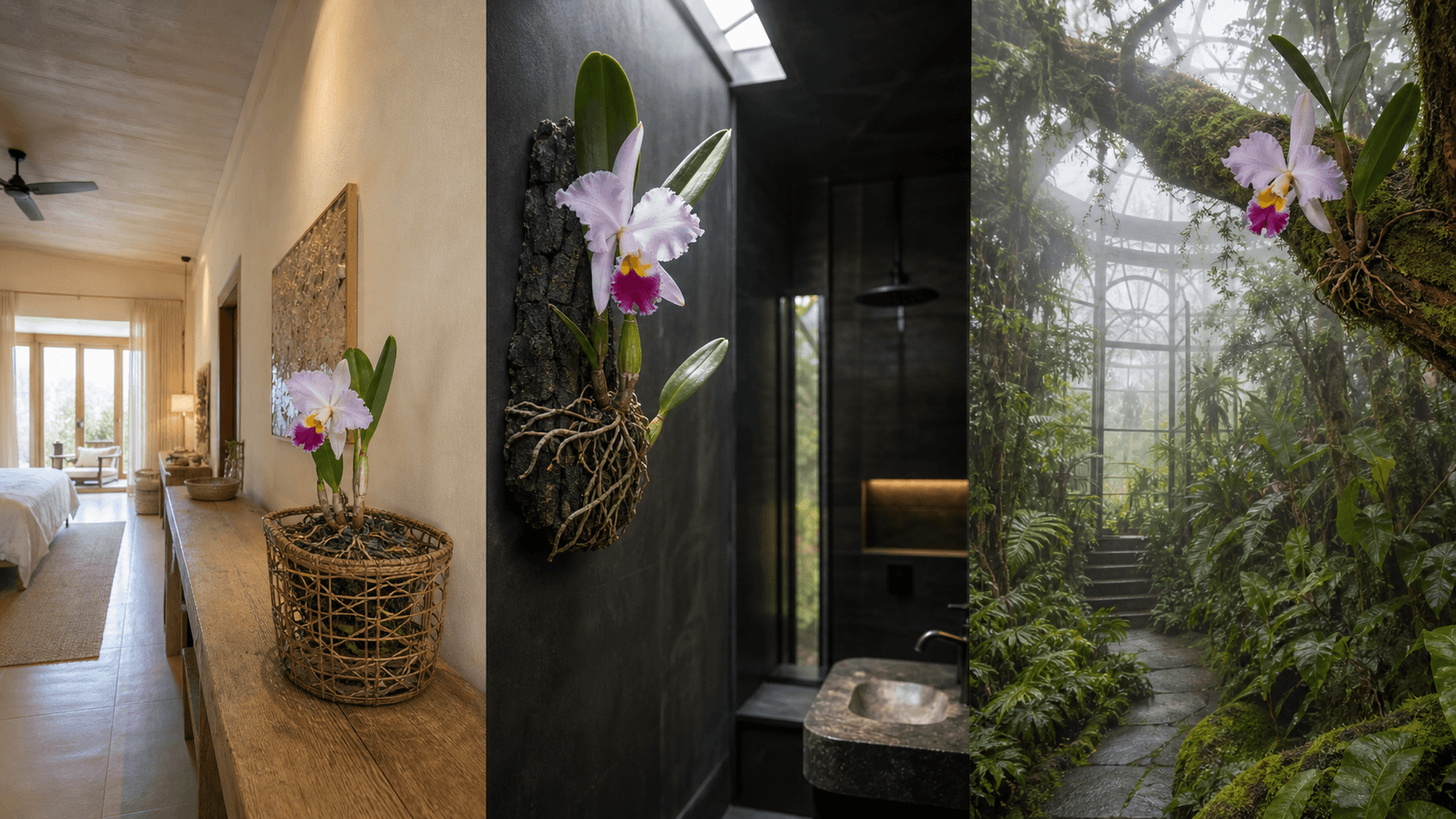 Trianae cattleya orchid shown in three settings: Refined living room, Bright architectural entryway, Sheltered patio