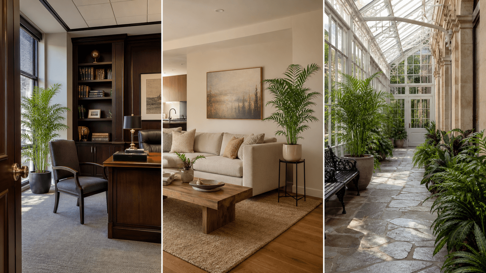 Parlor Palm shown in three settings: Executive office, Refined living room, Bright conservatory