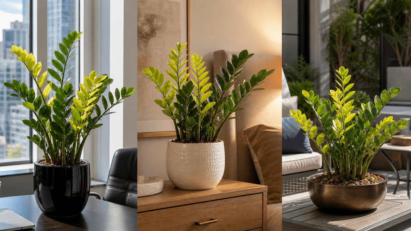 Chameleon ZZ Plant shown in three settings: Executive office, Refined living room, Bright conservatory