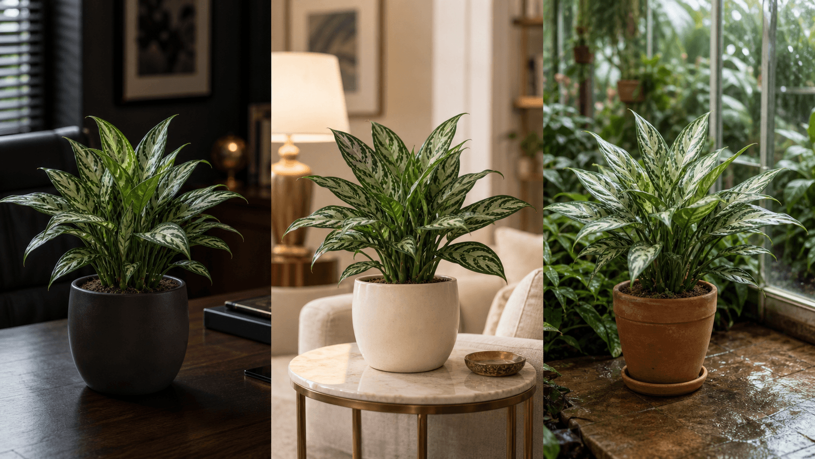 Chinese Evergreen shown in three settings: Executive office, Refined living room, Bright conservatory
