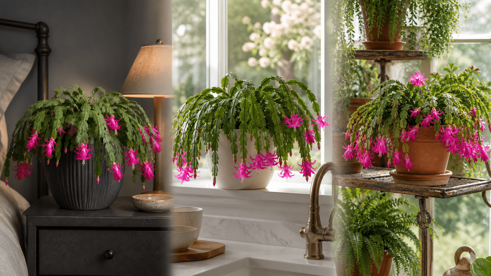 Christmas Cactus shown in three settings: Refined living room, Bright architectural entryway, Sheltered patio