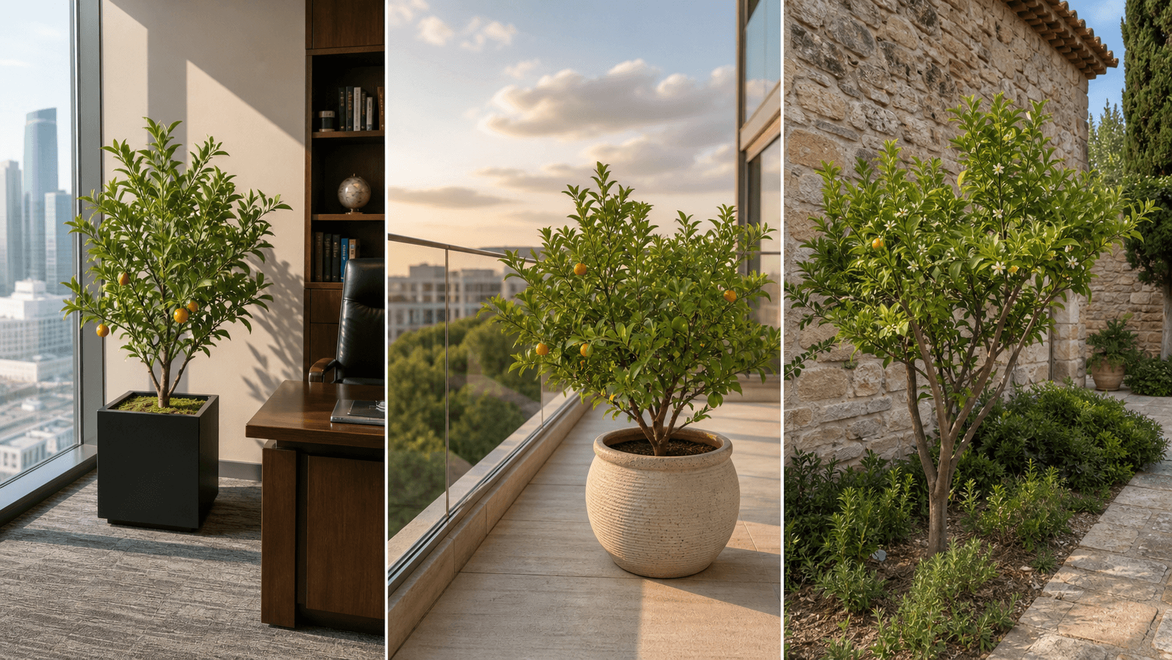Microcarpa citrus tree shown in three settings: Executive office, Refined living room, Bright conservatory