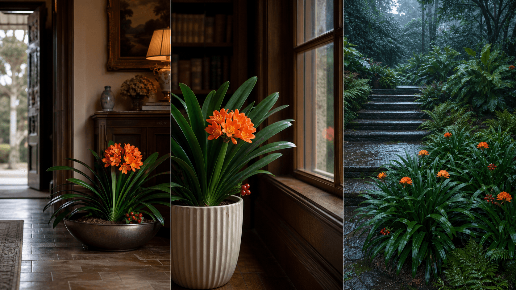 Bush Lily shown in three settings: Refined living room, Bright architectural entryway, Sheltered patio