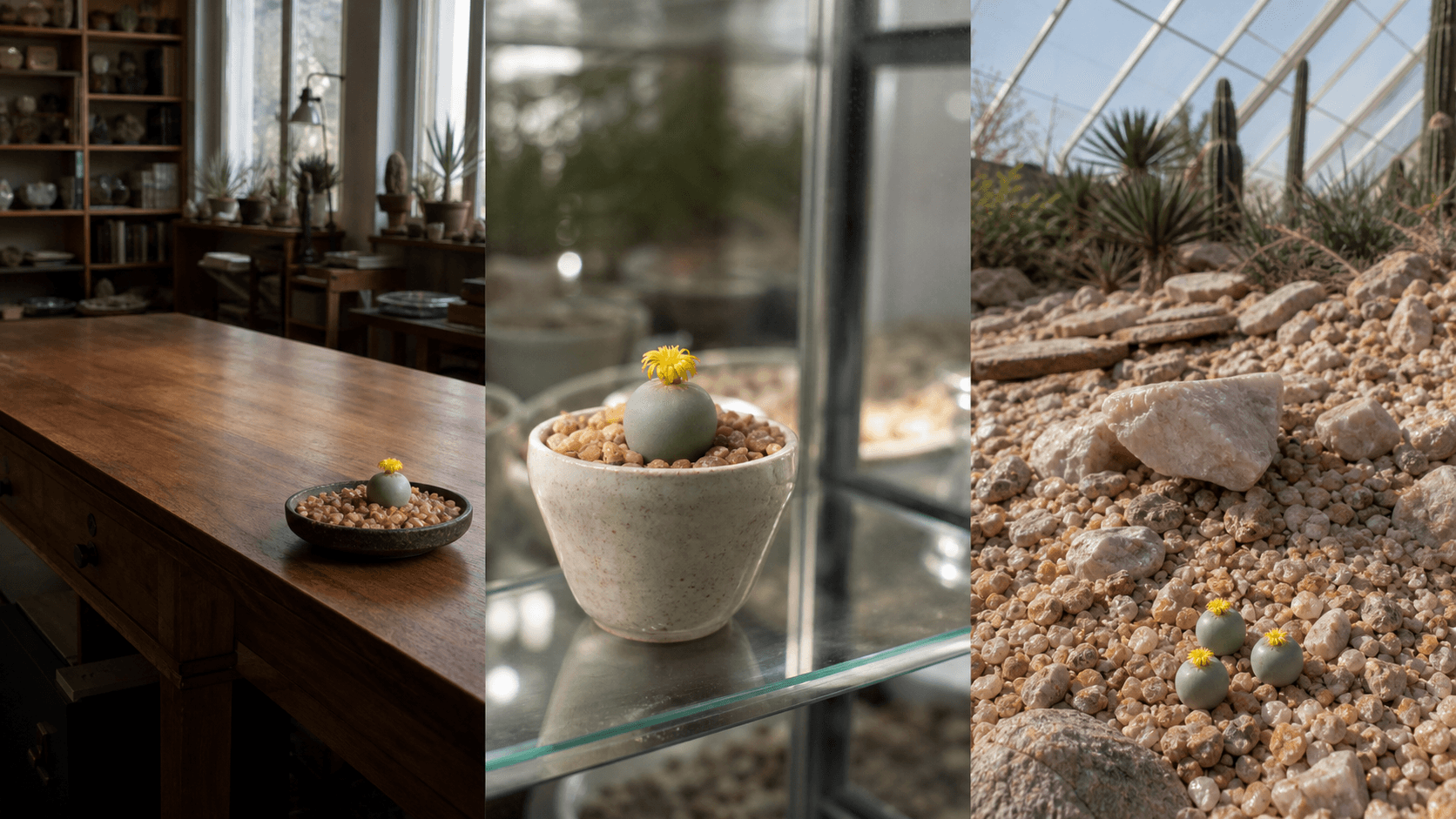 Calculus living pebble succulent shown in three settings: Bright executive office, Modern living room, Sheltered patio