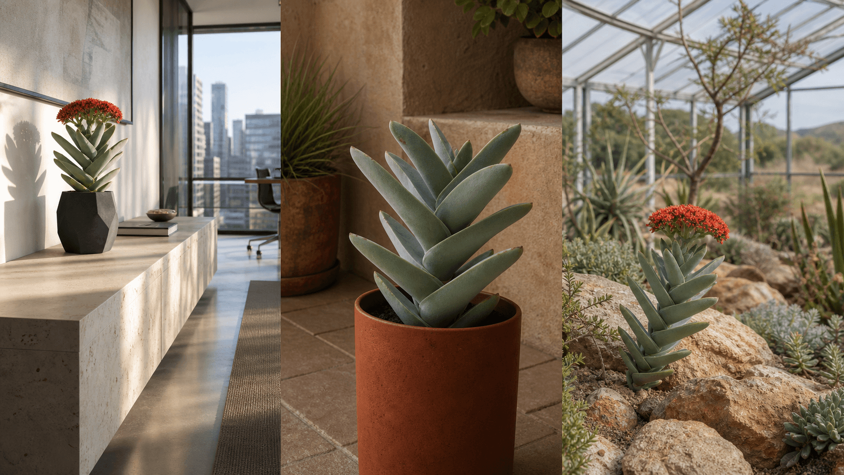 Falcata crassula succulent shown in three settings: Executive office, Refined living room, Bright conservatory