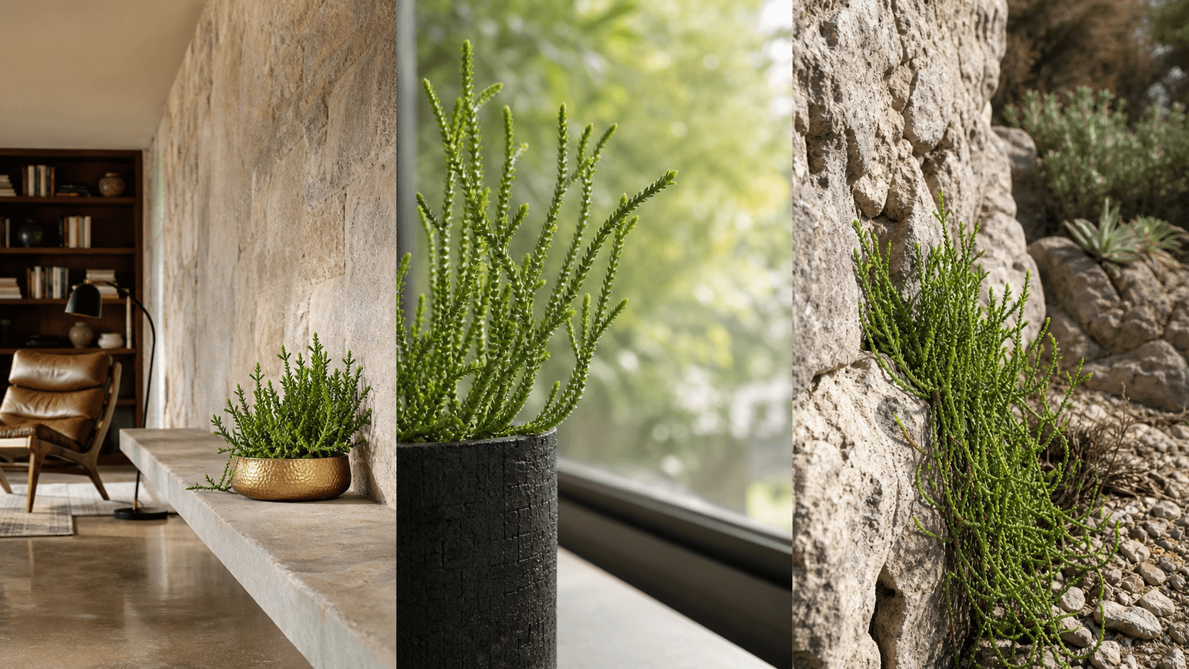 Muscosa crassula succulent shown in three settings: Executive office, Refined living room, Bright conservatory