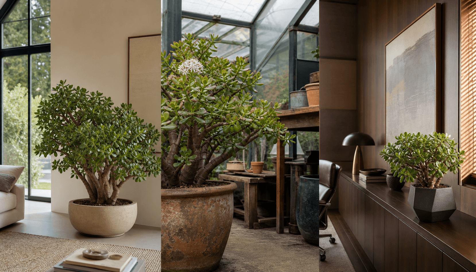 Jade plant shown in three settings: Executive office, Refined living room, Bright conservatory
