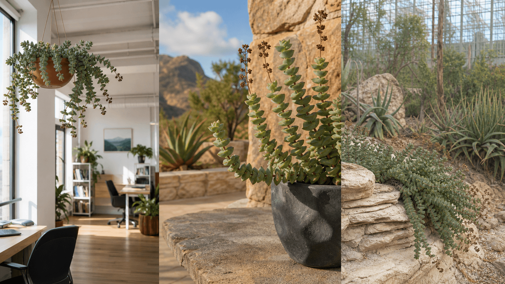 Perforata crassula succulent shown in three settings: Executive office, Refined living room, Bright conservatory