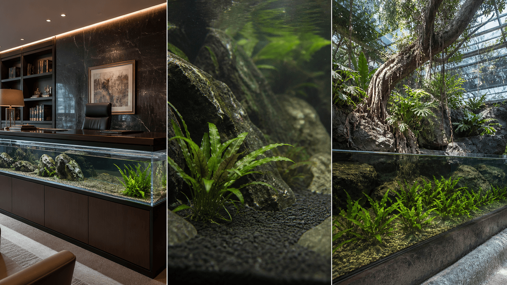 Wendtii water trumpet shown in three settings: Designer aquarium, Architectural water feature, Conservatory pond