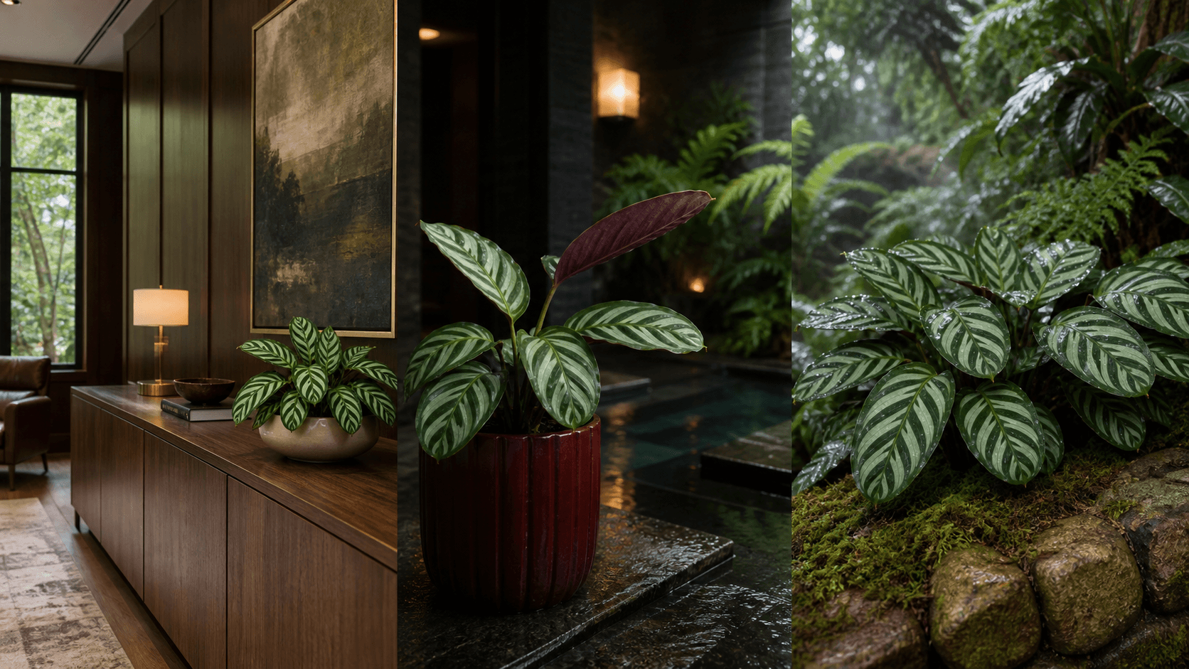 Amabilis never-never plant shown in three settings: Executive office, Refined living room, Bright conservatory