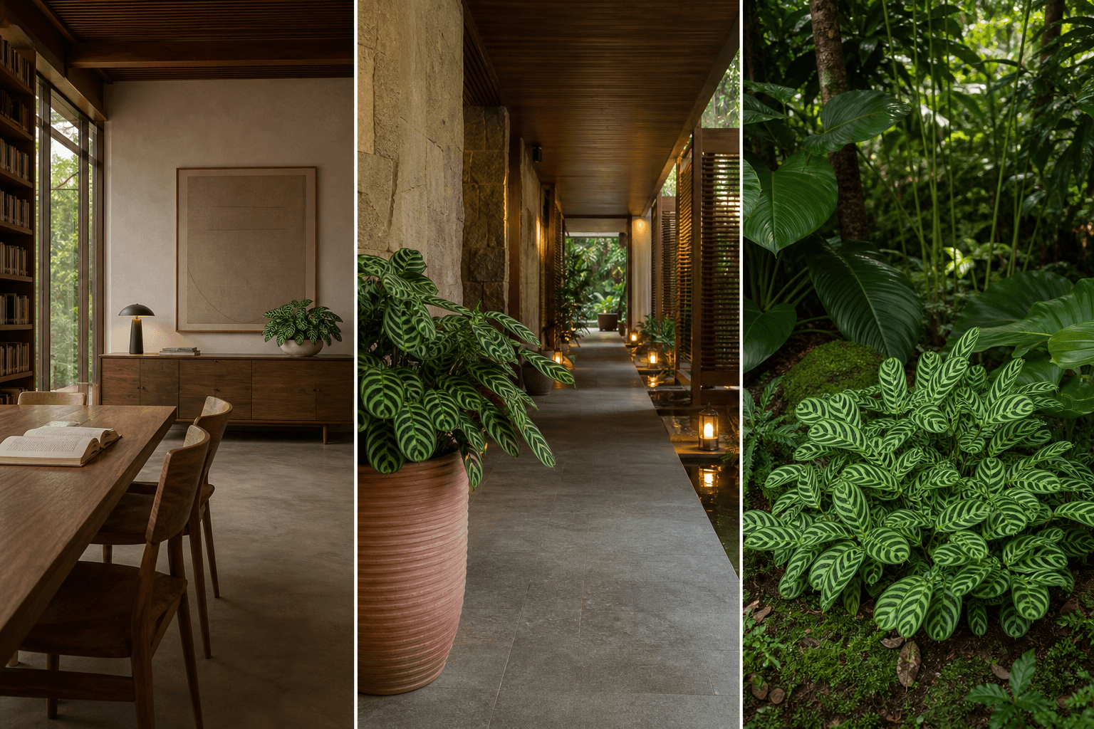 Burle Marxii never-never plant shown in three settings: Executive office, Refined living room, Bright conservatory