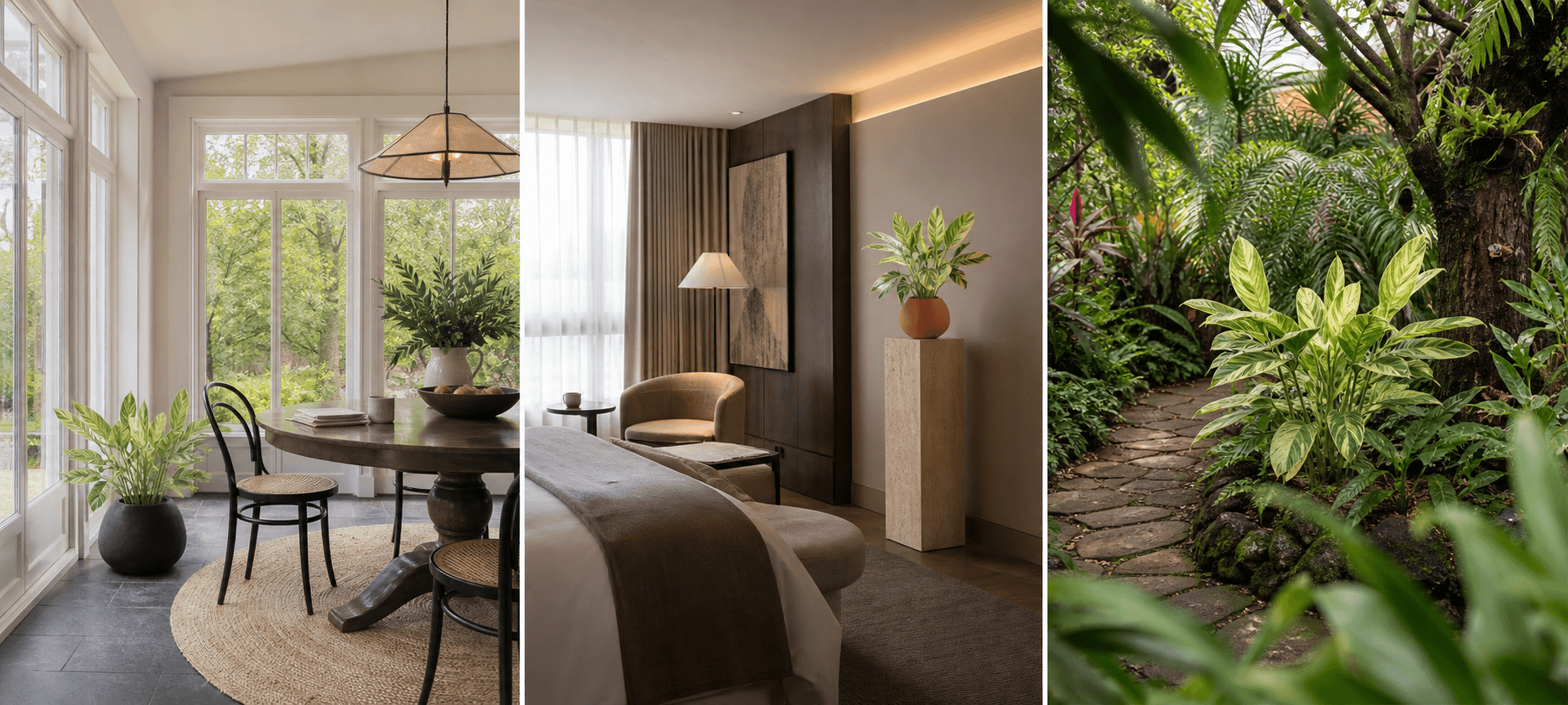 Lubbersiana never-never plant shown in three settings: Executive office, Refined living room, Bright conservatory