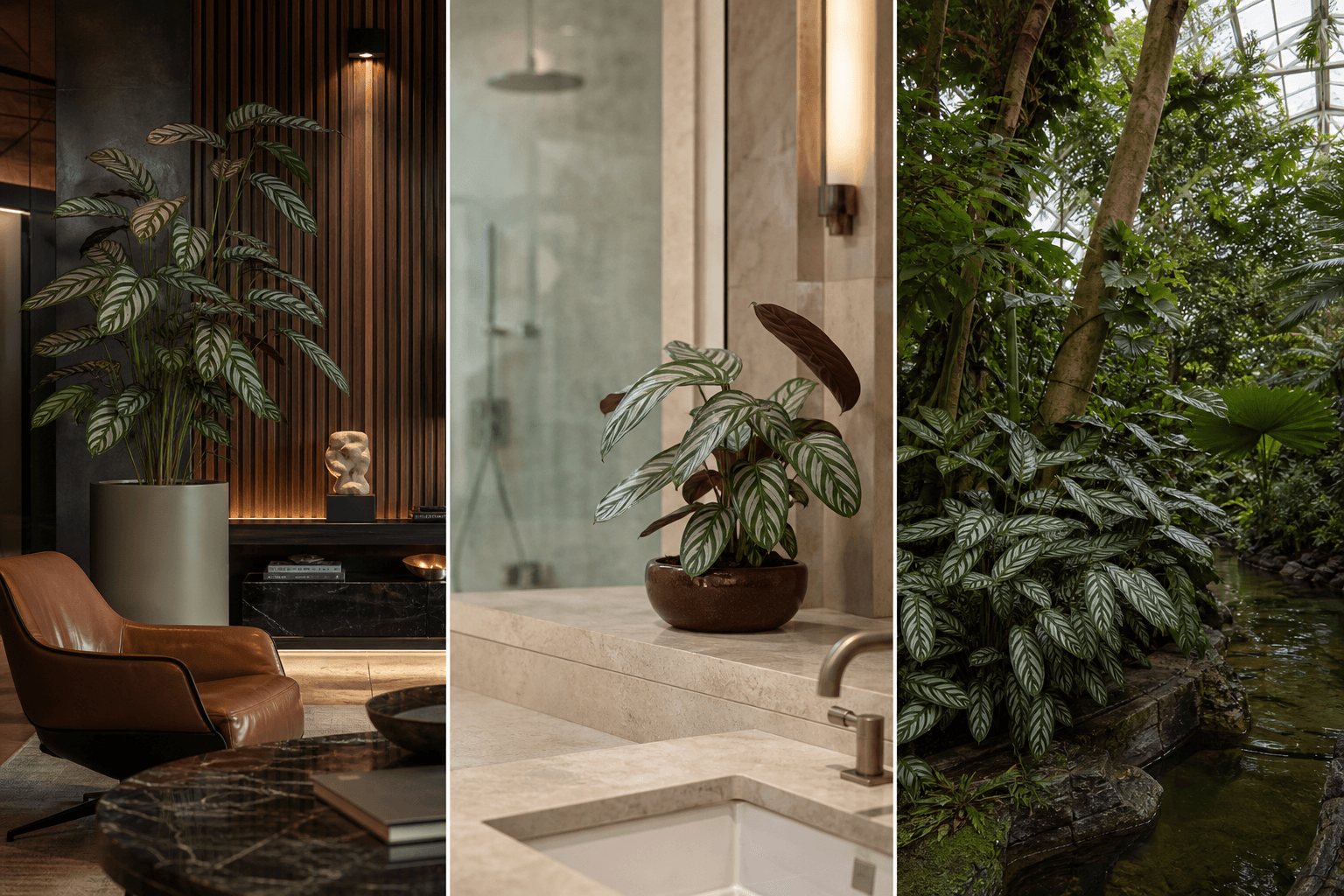 Oppenheimiana never-never plant shown in three settings: Executive office, Refined living room, Bright conservatory
