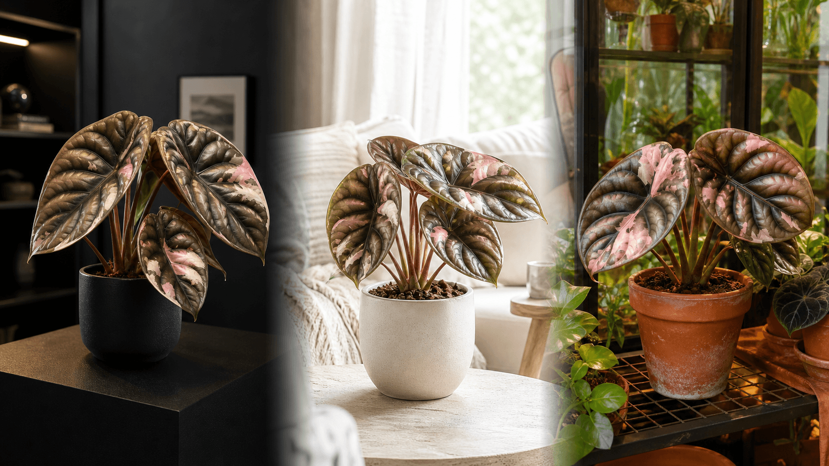 Cuprea Pink Mint Alocasia shown in three settings: Executive office, Refined living room, Bright conservatory
