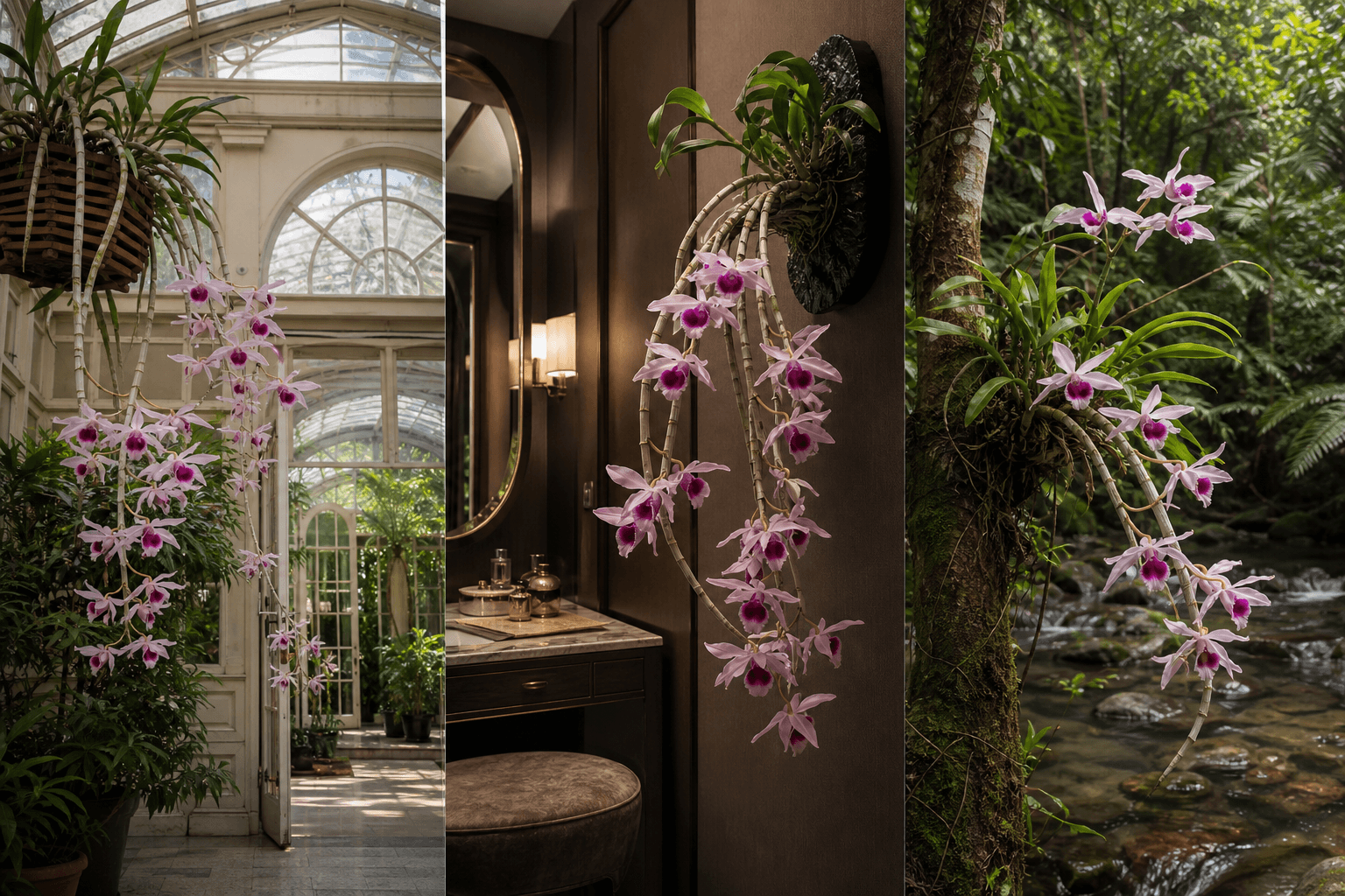 Anosmum dendrobium orchid shown in three settings: Refined living room, Bright architectural entryway, Sheltered patio