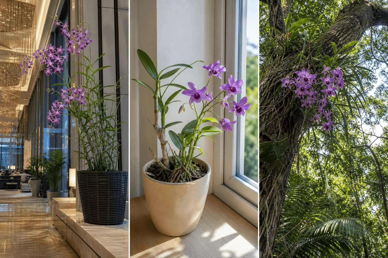 Bigibbum dendrobium orchid shown in three settings: Refined living room, Bright architectural entryway, Sheltered patio