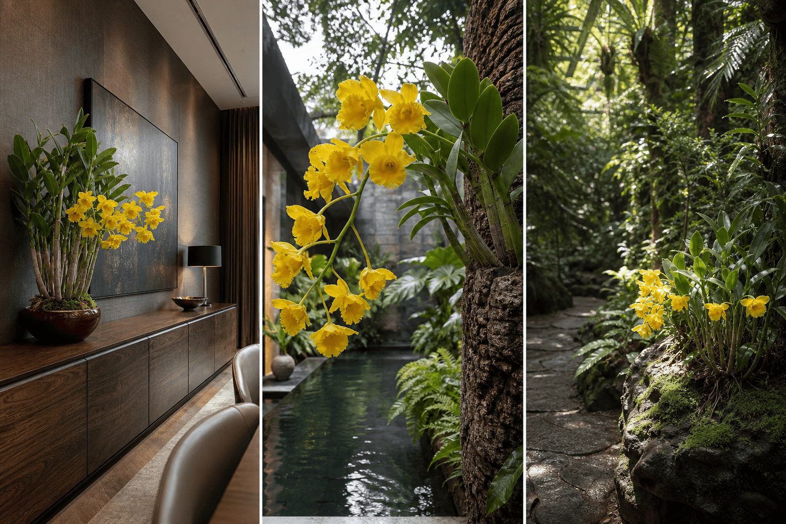 Chrysotoxum dendrobium orchid shown in three settings: Refined living room, Bright architectural entryway, Sheltered patio