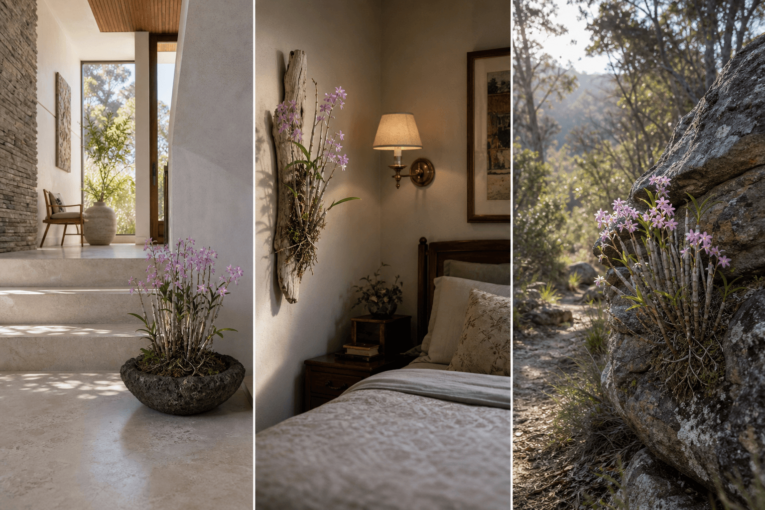 Kingianum dendrobium orchid shown in three settings: Refined living room, Bright architectural entryway, Sheltered patio