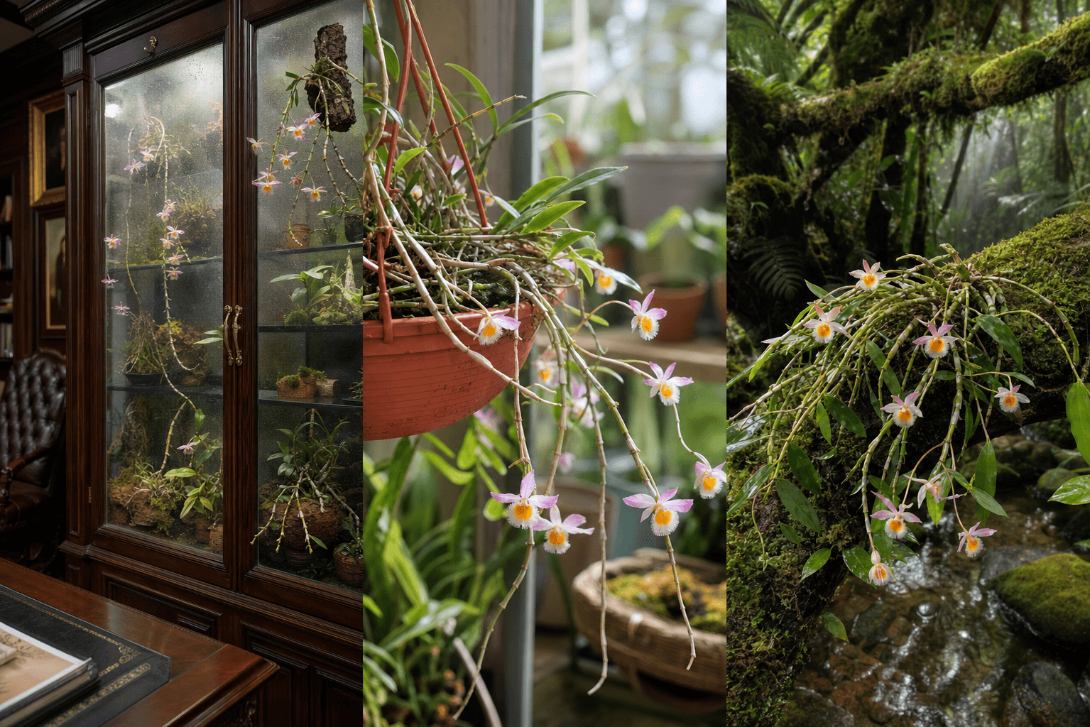 Loddigesii dendrobium orchid shown in three settings: Refined living room, Bright architectural entryway, Sheltered patio