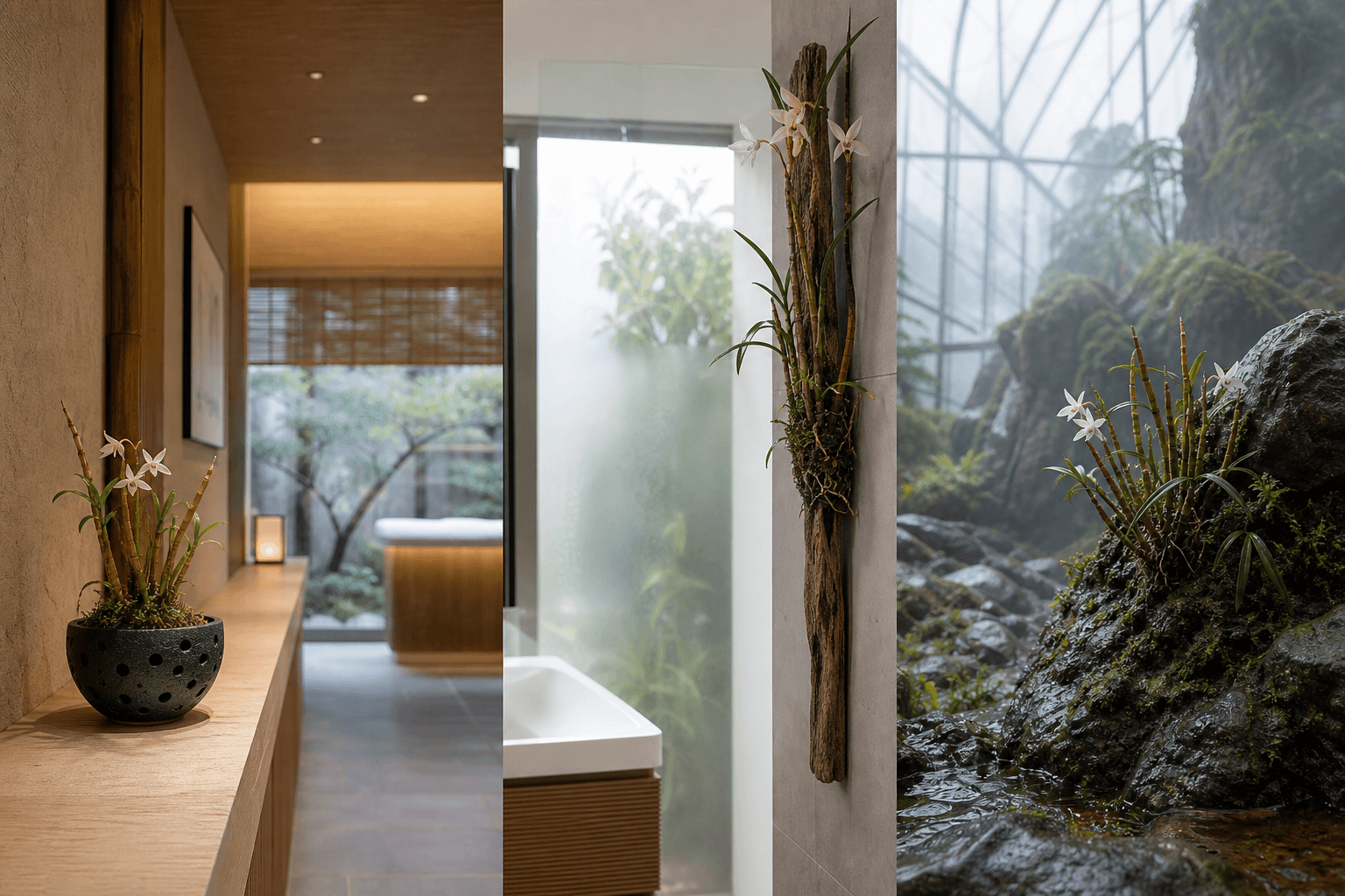 Moniliforme dendrobium orchid shown in three settings: Refined living room, Bright architectural entryway, Sheltered patio