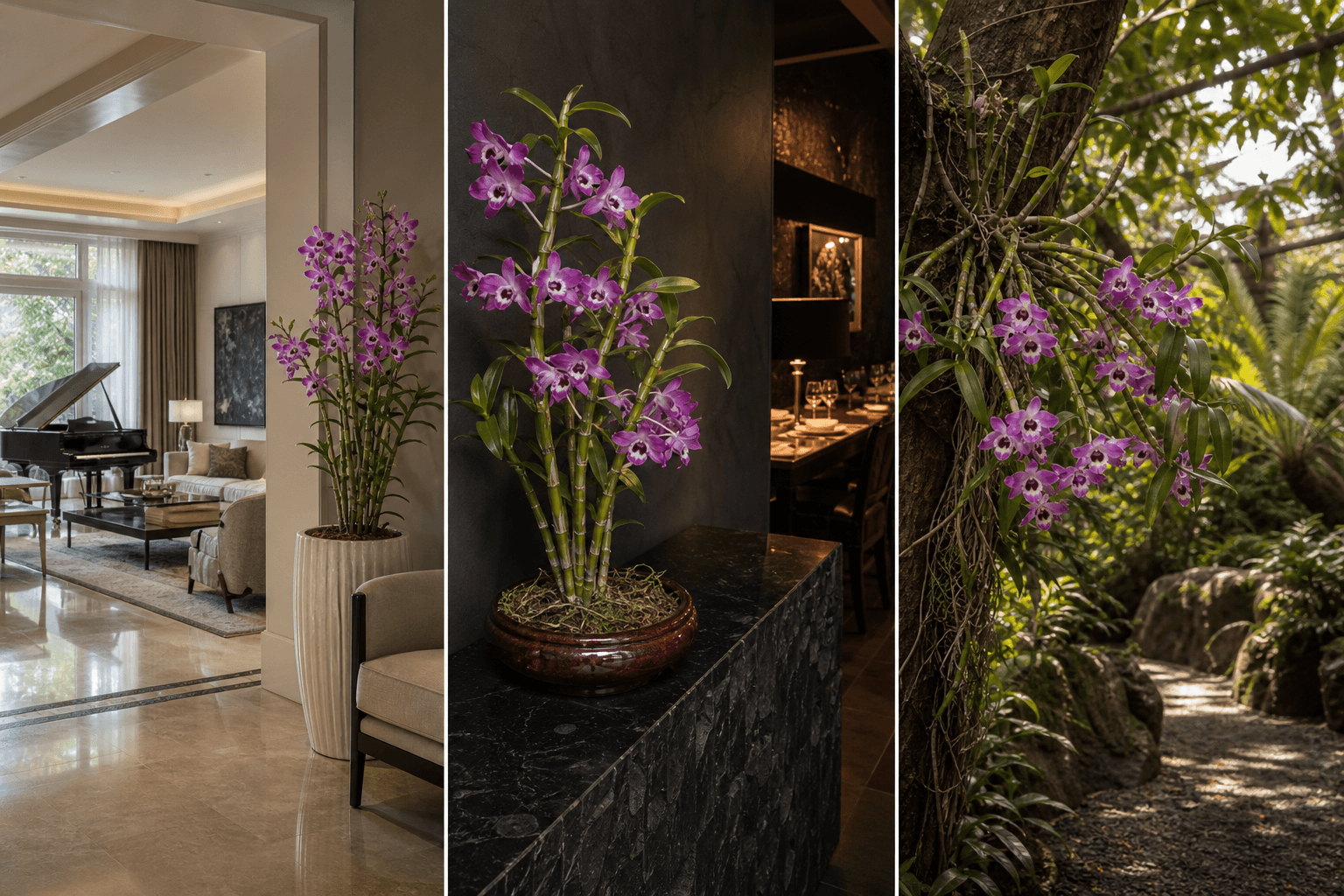 Nobile dendrobium orchid shown in three settings: Refined living room, Bright architectural entryway, Sheltered patio