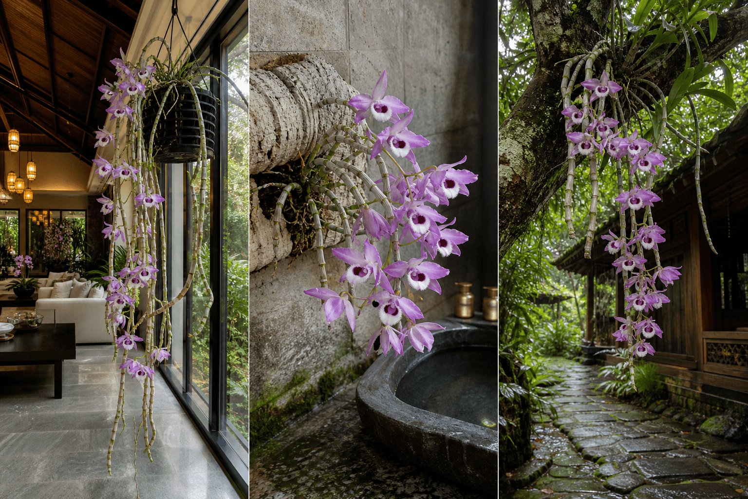 Parishii dendrobium orchid shown in three settings: Refined living room, Bright architectural entryway, Sheltered patio